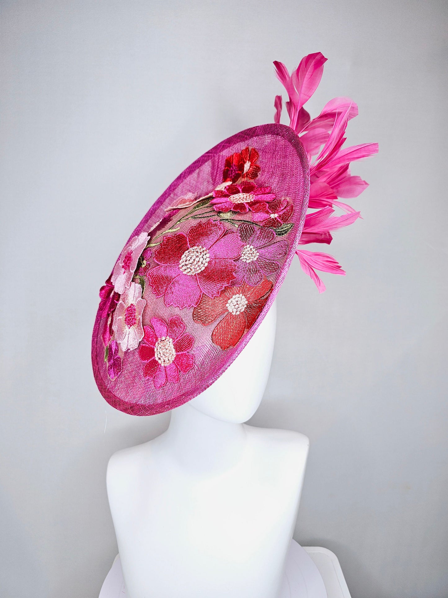 kentucky derby hat fascinator pink sinamay saucer with red pink green ivory floral embroidered, and pink feathers