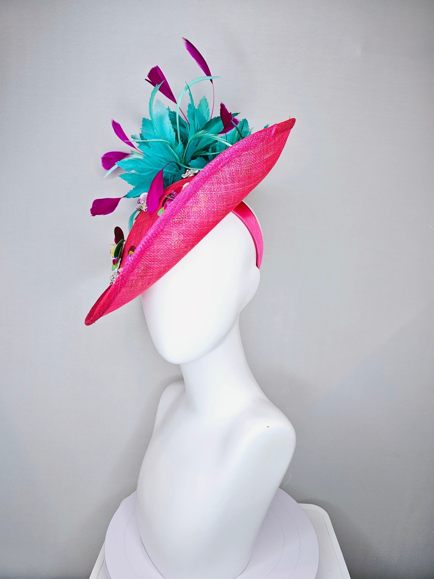 kentucky derby hat fascinator hot pink sinamay saucer with iridescent sequin beaded floral embroidered, and purple turquoise blue feathers
