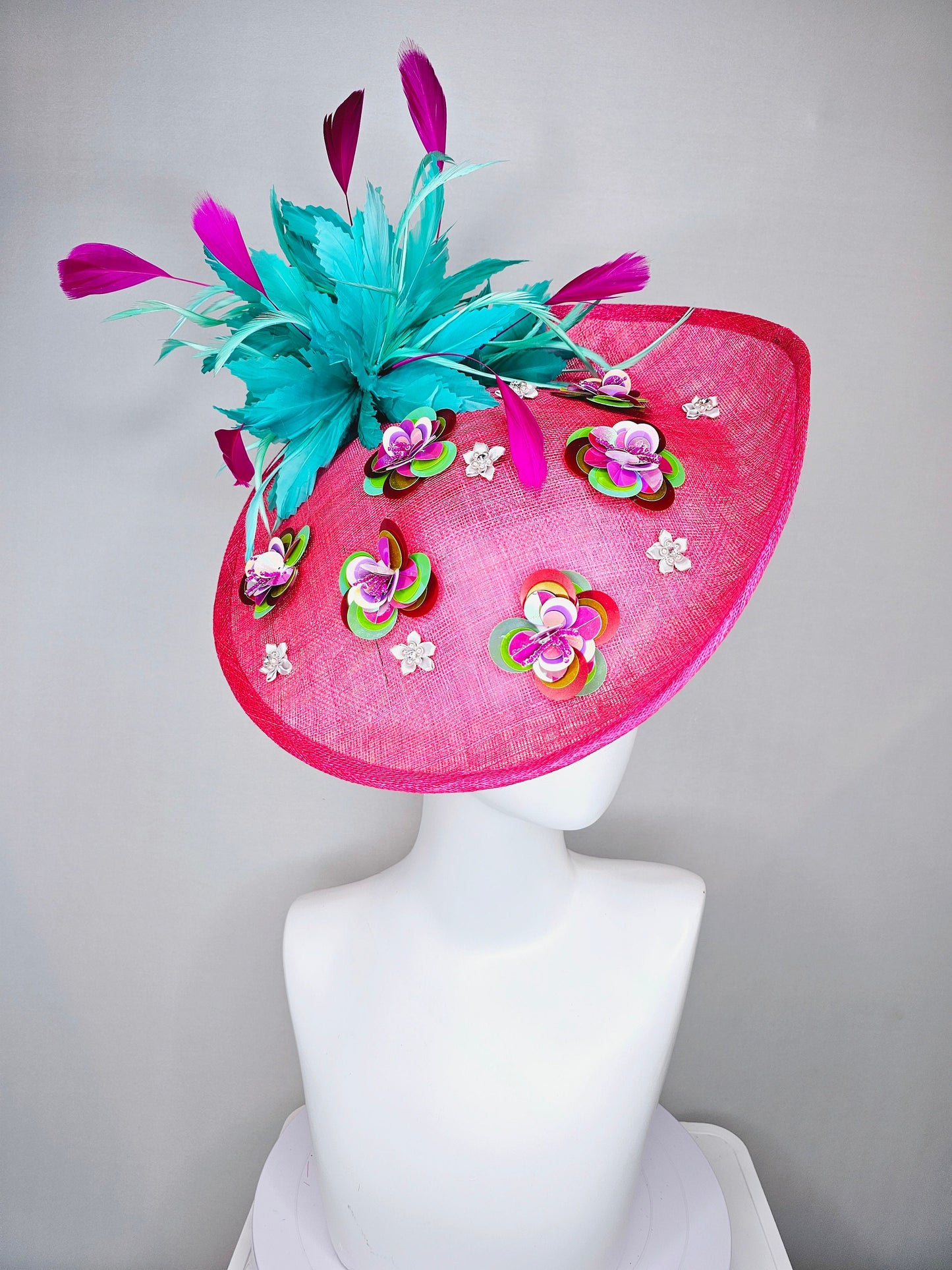 kentucky derby hat fascinator hot pink sinamay saucer with iridescent sequin beaded floral embroidered, and purple turquoise blue feathers