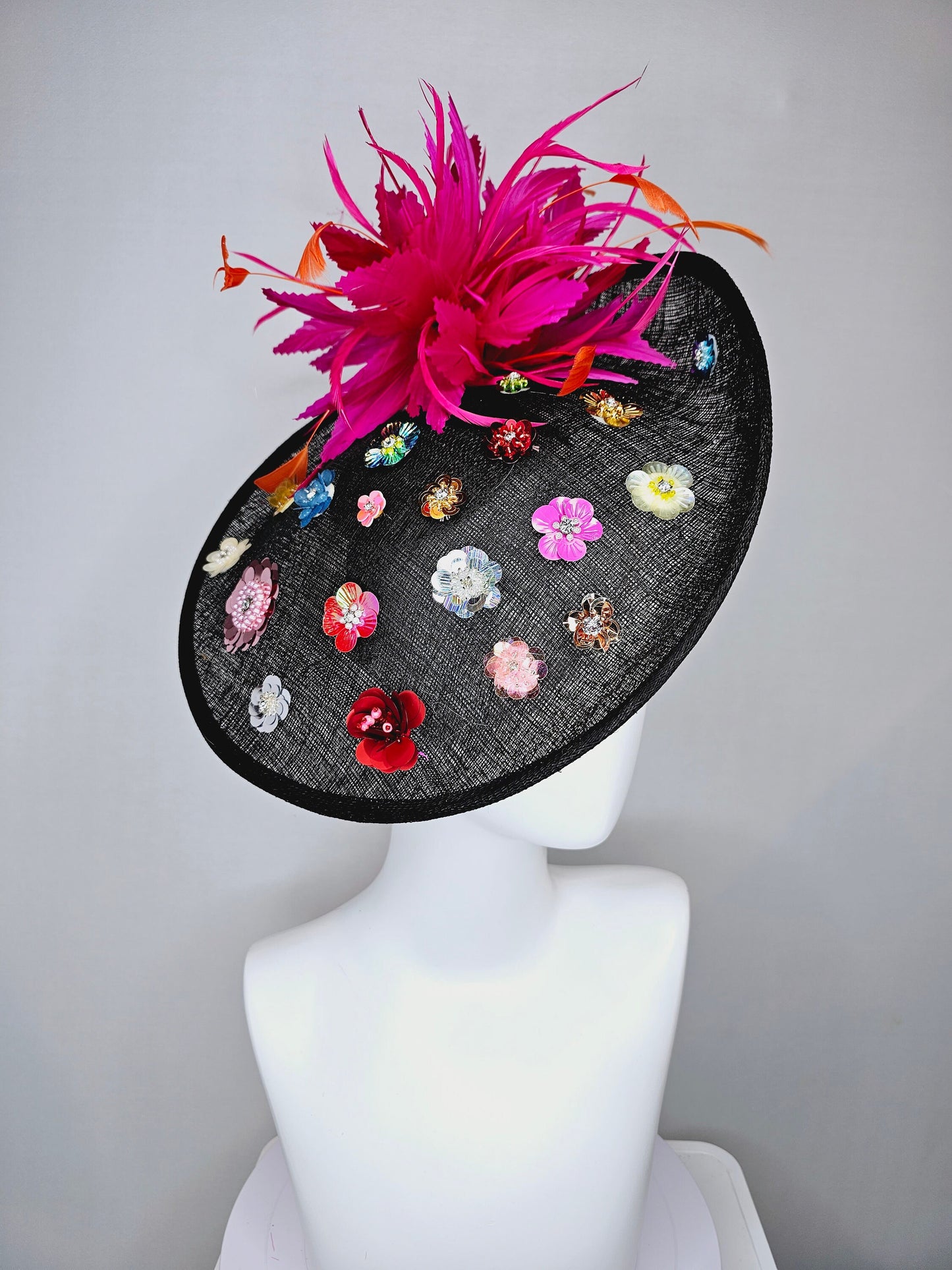 kentucky derby hat fascinator black sinamay saucer with rainbow colorful sequin crystal rhinestone beaded flowers,hot pink orange feathers