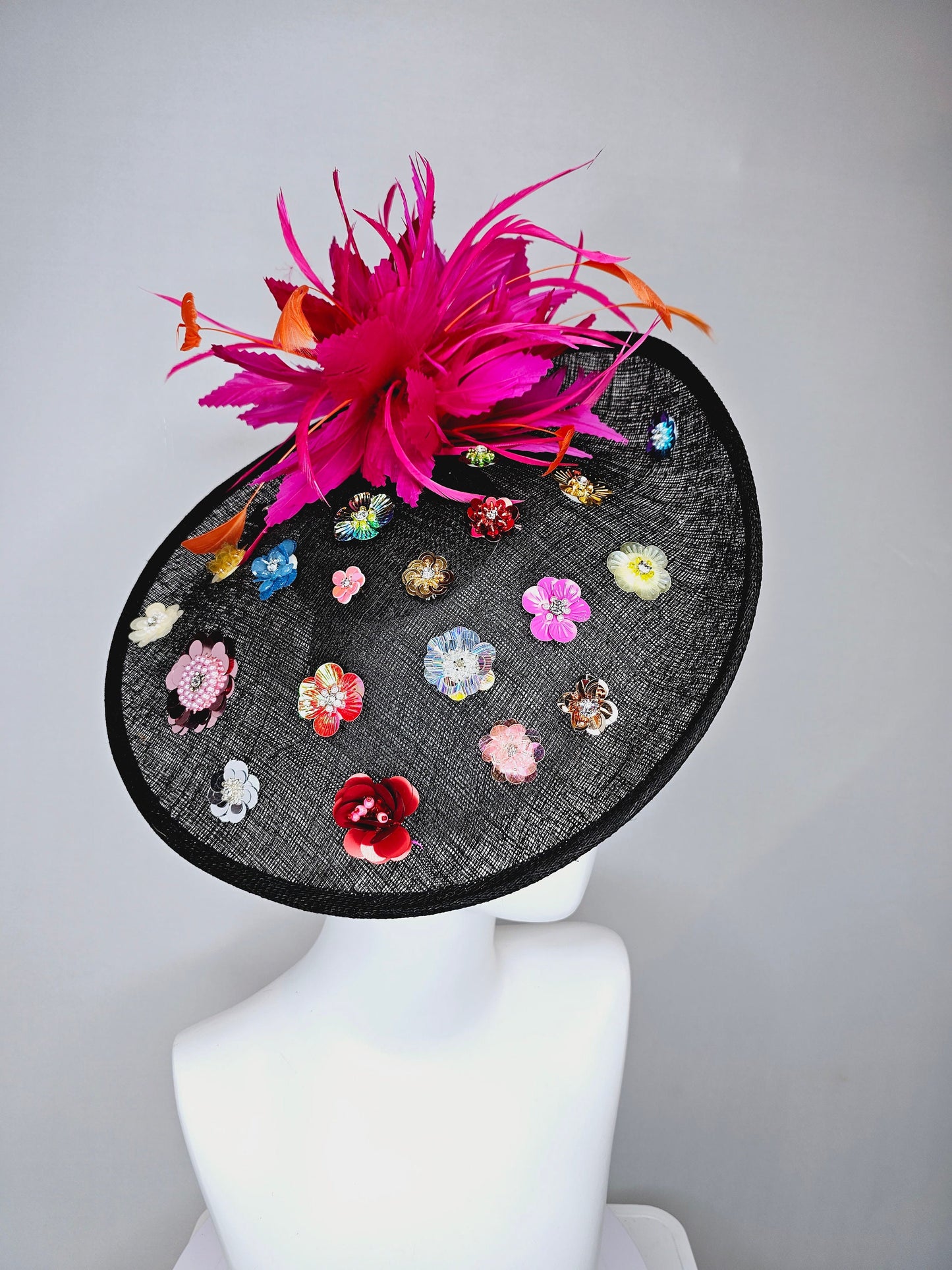 kentucky derby hat fascinator black sinamay saucer with rainbow colorful sequin crystal rhinestone beaded flowers,hot pink orange feathers