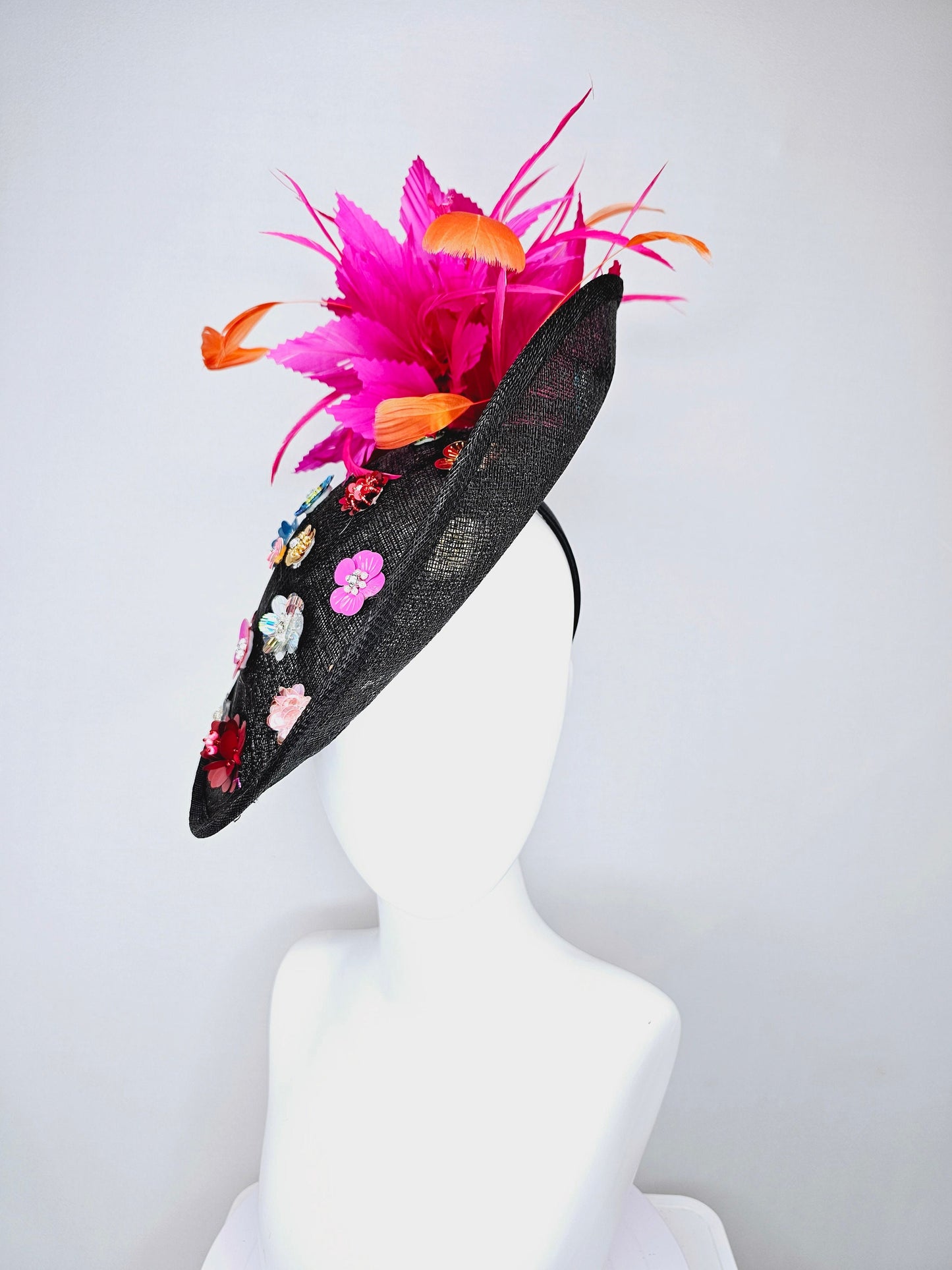 kentucky derby hat fascinator black sinamay saucer with rainbow colorful sequin crystal rhinestone beaded flowers,hot pink orange feathers