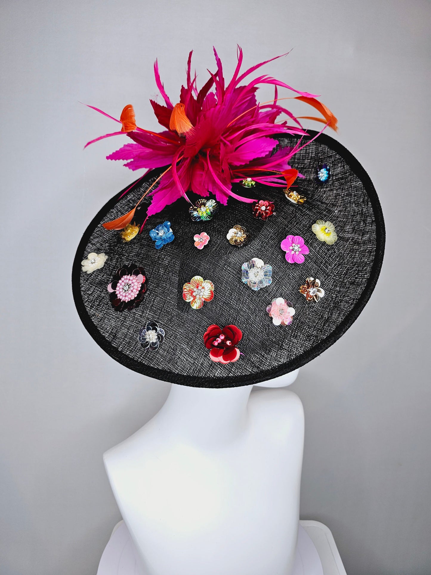 kentucky derby hat fascinator black sinamay saucer with rainbow colorful sequin crystal rhinestone beaded flowers,hot pink orange feathers