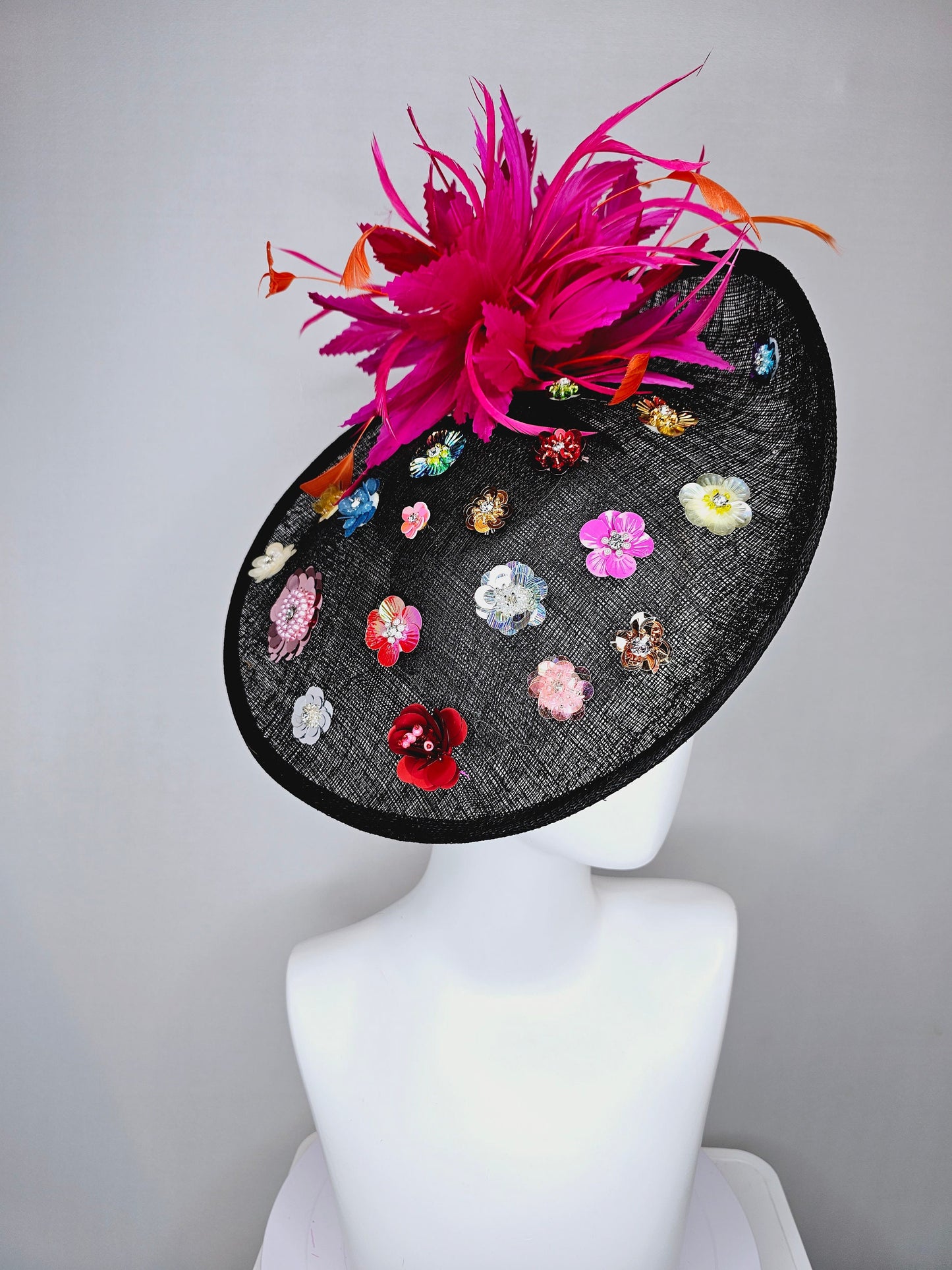 kentucky derby hat fascinator black sinamay saucer with rainbow colorful sequin crystal rhinestone beaded flowers,hot pink orange feathers