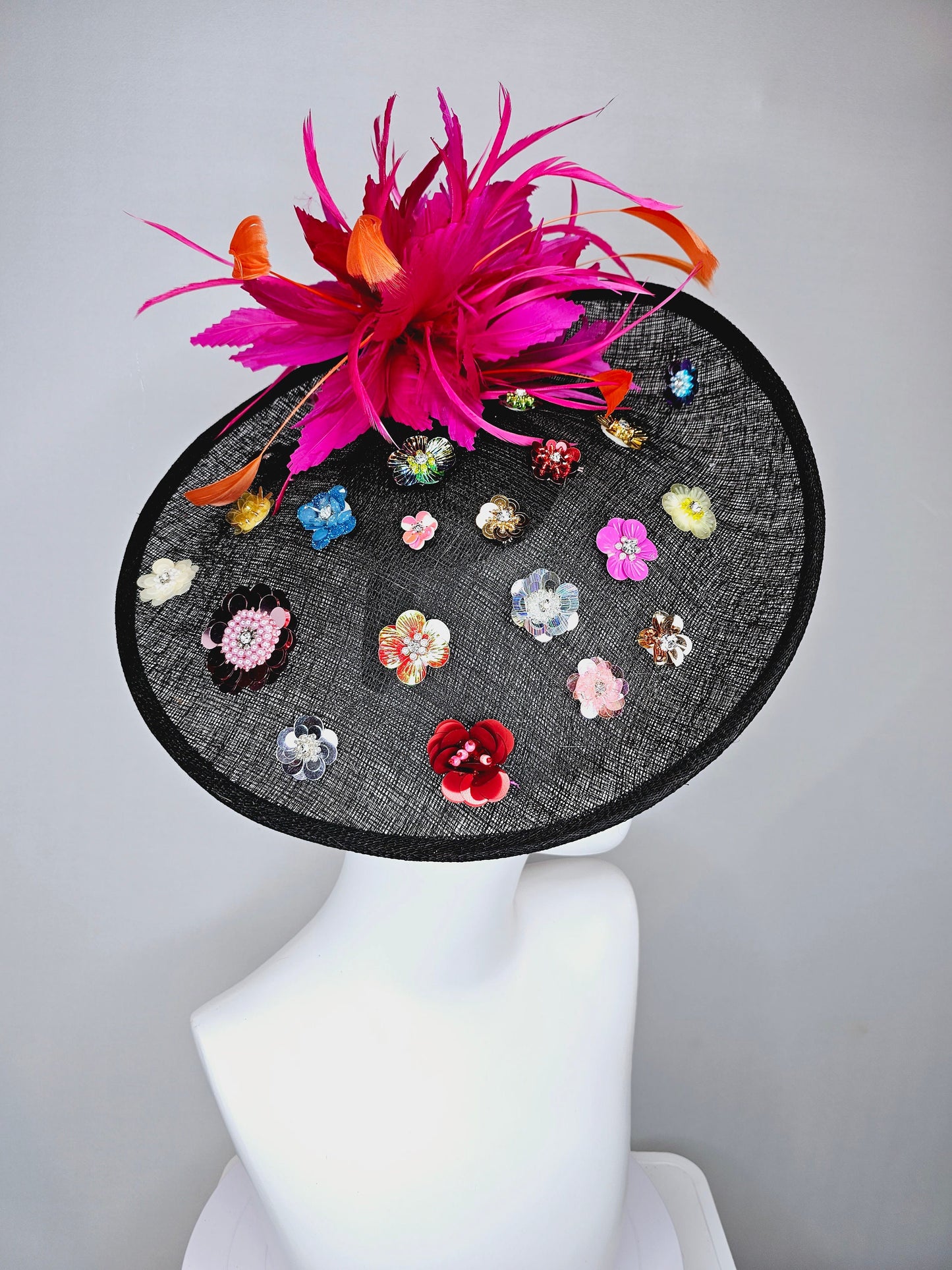 kentucky derby hat fascinator black sinamay saucer with rainbow colorful sequin crystal rhinestone beaded flowers,hot pink orange feathers