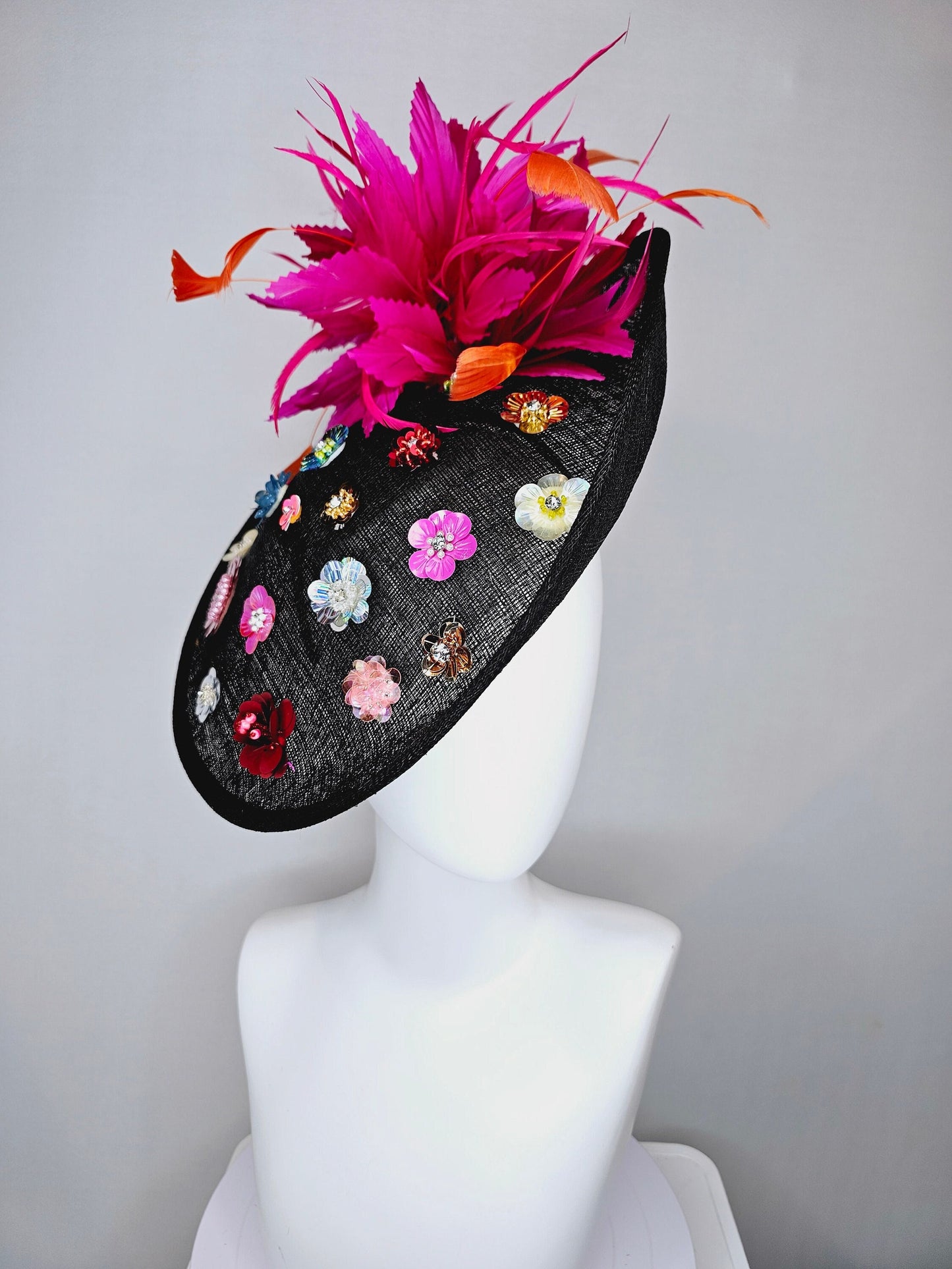 kentucky derby hat fascinator black sinamay saucer with rainbow colorful sequin crystal rhinestone beaded flowers,hot pink orange feathers