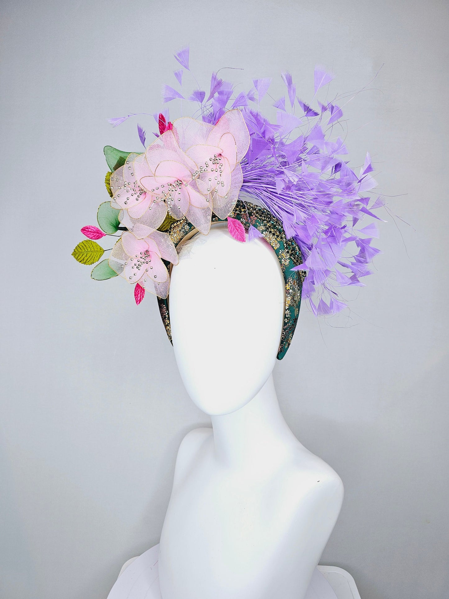 kentucky derby hat fascinator hunter green crystal rhinestone headband,baby pink wire mesh flowers,pink green leaves,with lavender feathers