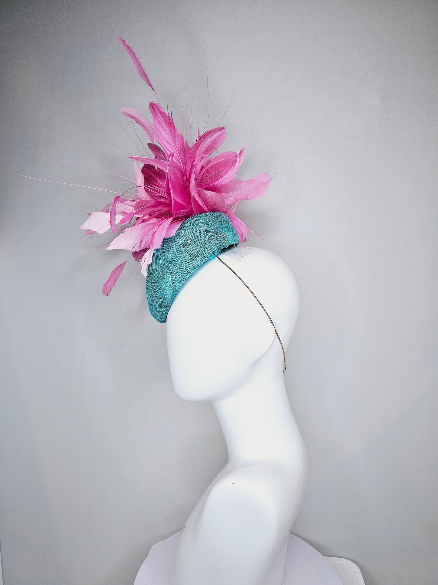 kentucky derby hat fascinator turquoise blue sinamay with fluffy baby pink feather flowers