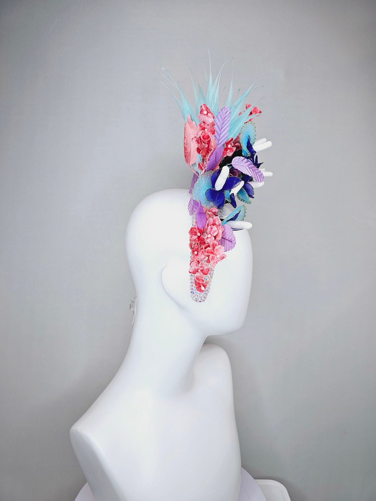 kentucky derby hat fascinator white iridescent swarovski crystal headband,aqua blue feathers,purple coral velvet leaves flowers,blue flowers