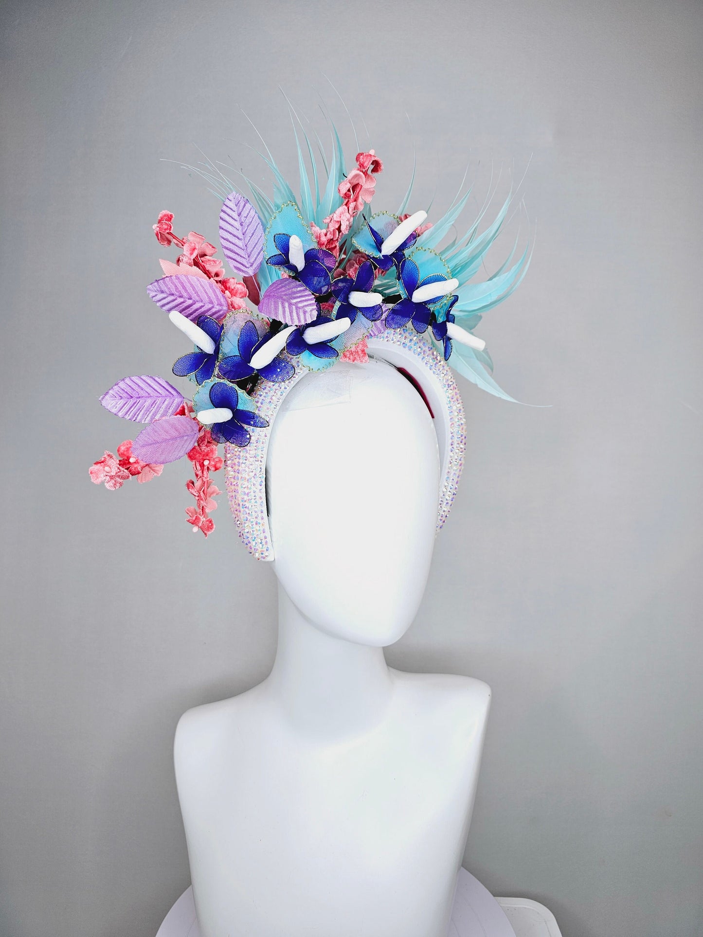 kentucky derby hat fascinator white iridescent swarovski crystal headband,aqua blue feathers,purple coral velvet leaves flowers,blue flowers
