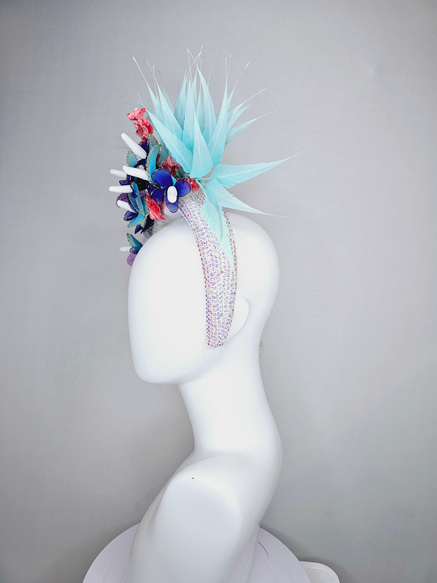 kentucky derby hat fascinator white iridescent swarovski crystal headband,aqua blue feathers,purple coral velvet leaves flowers,blue flowers