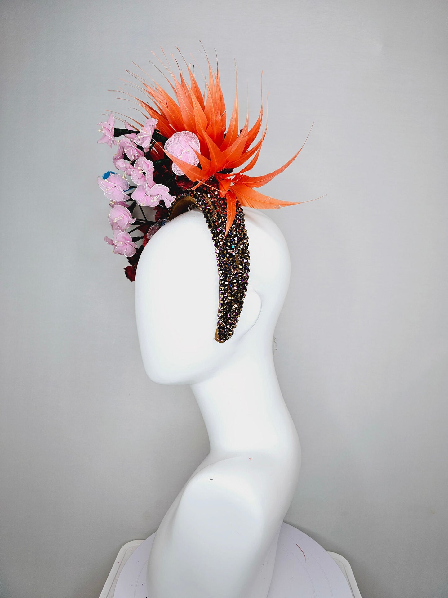 kentucky derby hat fascinator swarovski crystal rhinestone headband in brown iridescent brunette with light pink flowers,and orange feathers