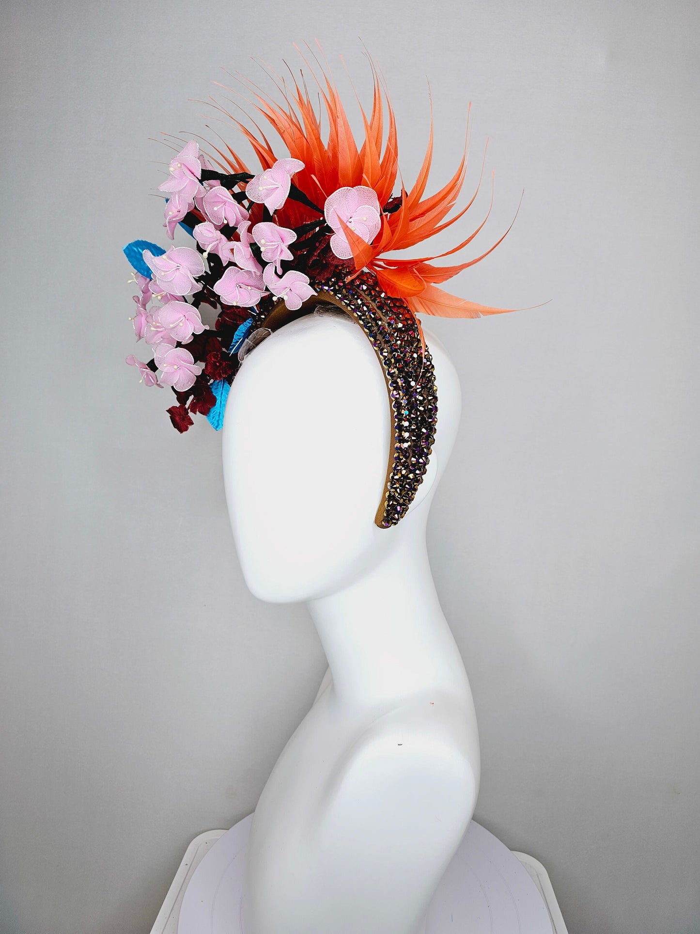 kentucky derby hat fascinator swarovski crystal rhinestone headband in brown iridescent brunette with light pink flowers,and orange feathers