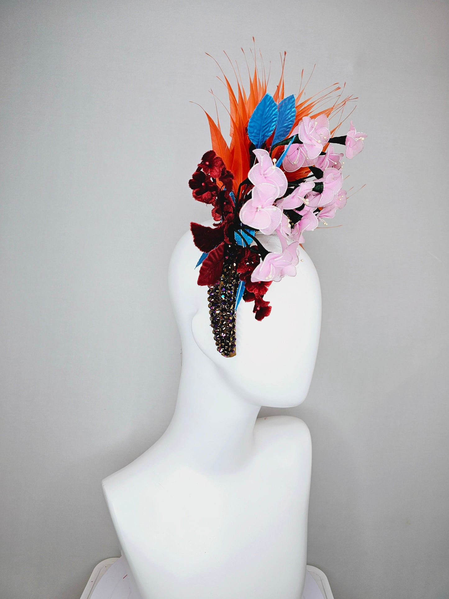 kentucky derby hat fascinator swarovski crystal rhinestone headband in brown iridescent brunette with light pink flowers,and orange feathers