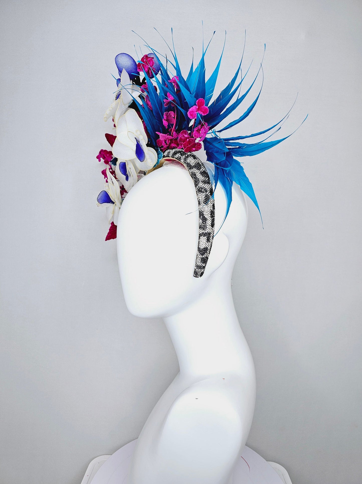 kentucky derby hat fascinator animal print rhinestone swarovski crystal headband with white wire flowers,royal blue feathers,and pink leaves