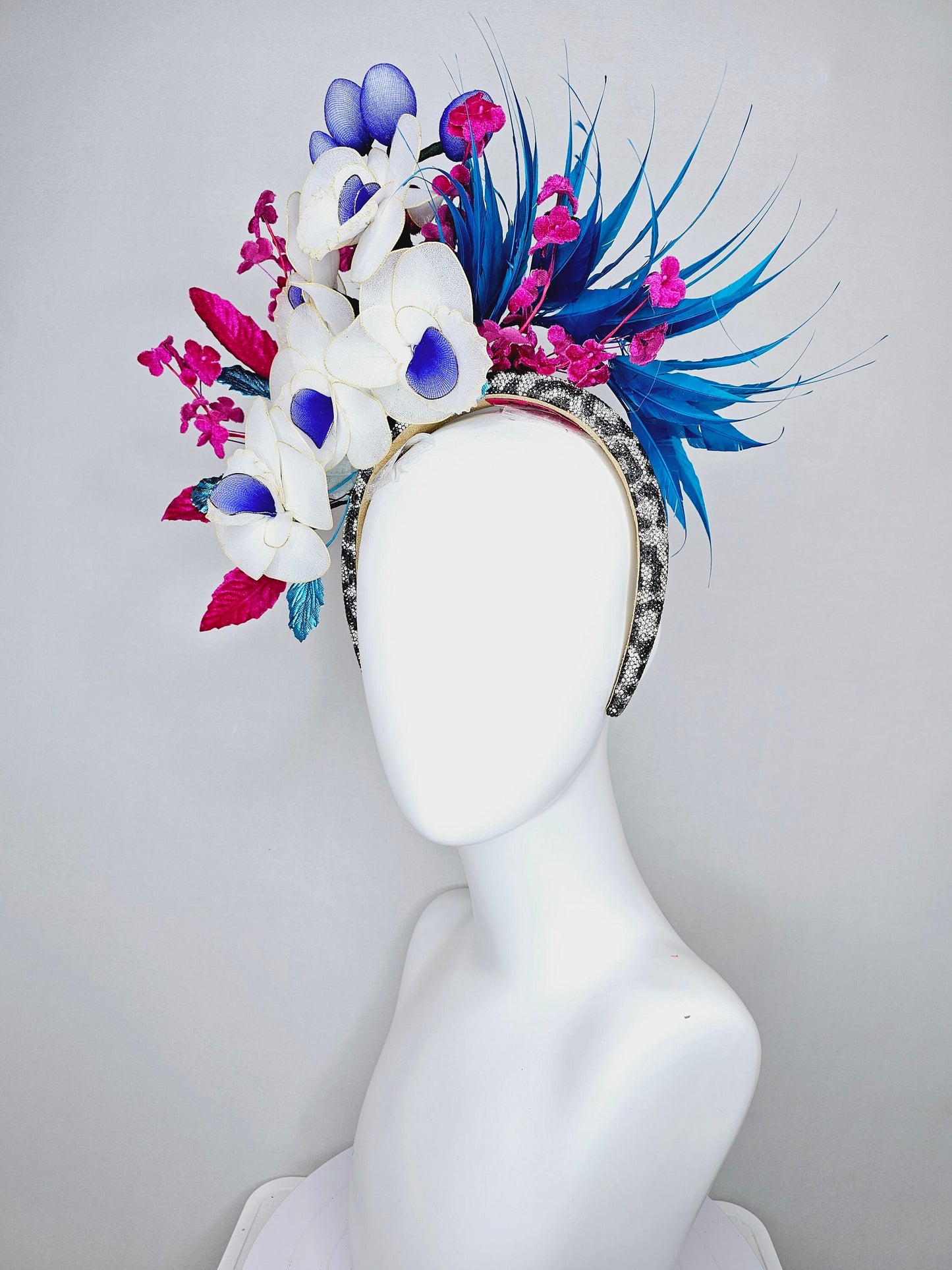 kentucky derby hat fascinator animal print rhinestone swarovski crystal headband with white wire flowers,royal blue feathers,and pink leaves