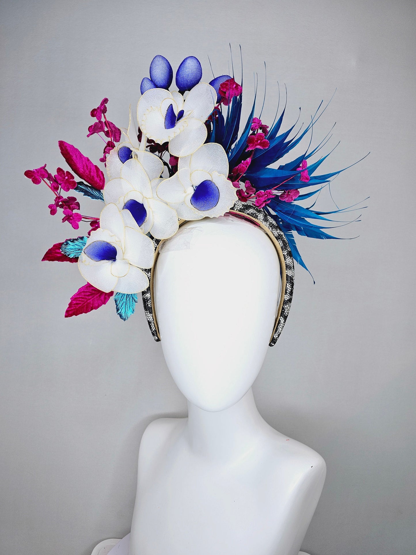 kentucky derby hat fascinator animal print rhinestone swarovski crystal headband with white wire flowers,royal blue feathers,and pink leaves