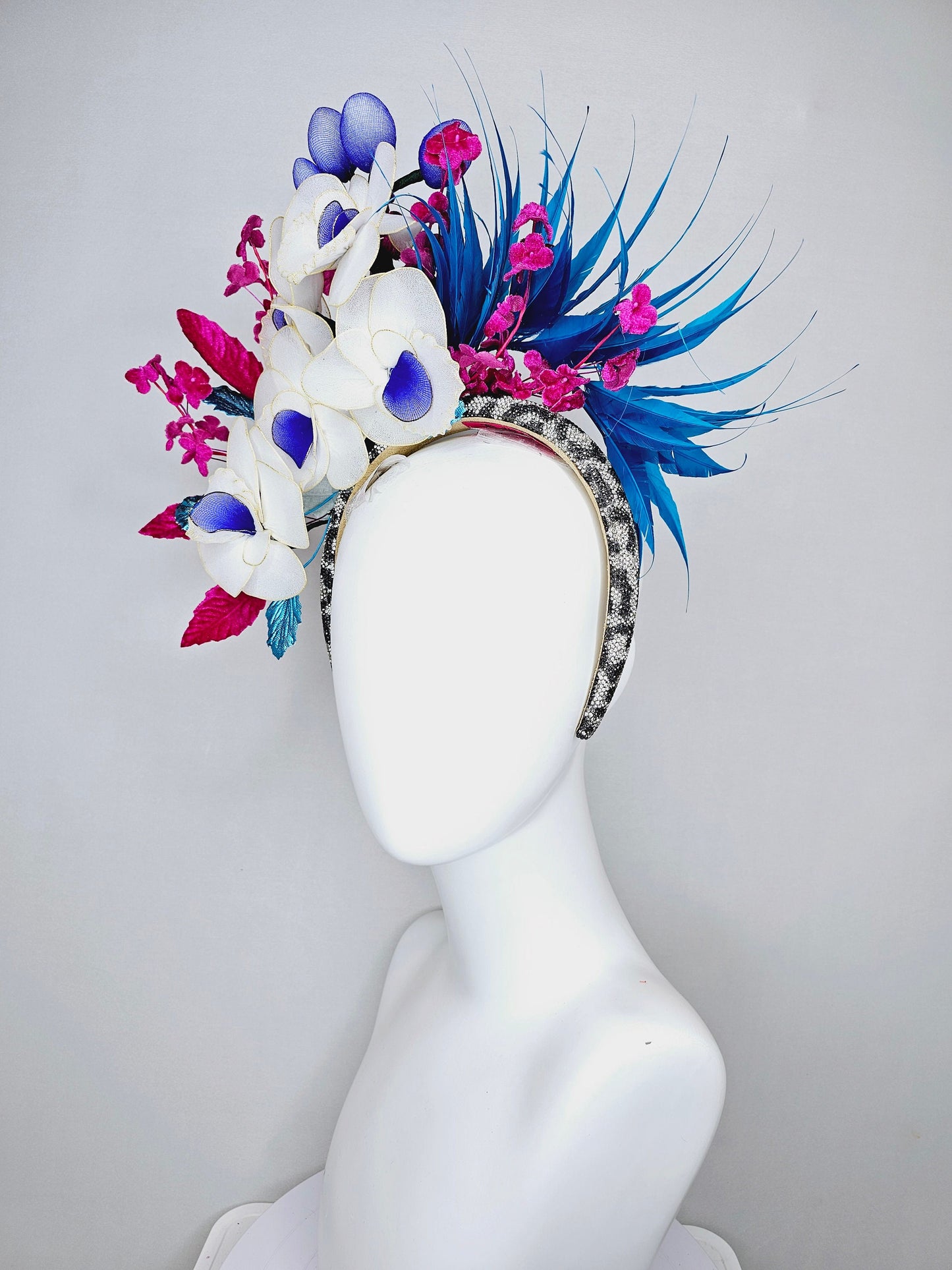 kentucky derby hat fascinator animal print rhinestone swarovski crystal headband with white wire flowers,royal blue feathers,and pink leaves