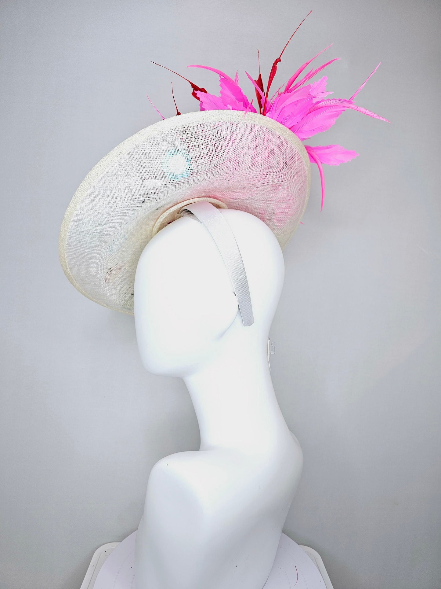 kentucky derby hat fascinator ivory sinamay saucer with rainbow colorful sequin crystal rhinestone beaded flowers,hot pink red feathers