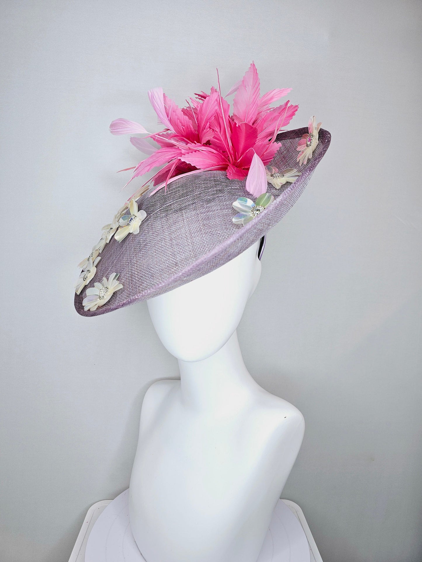 kentucky derby hat fascinator light purple lavender sinamay saucer with iridescent sequin crystal jewel beaded flowers,and pink feathers