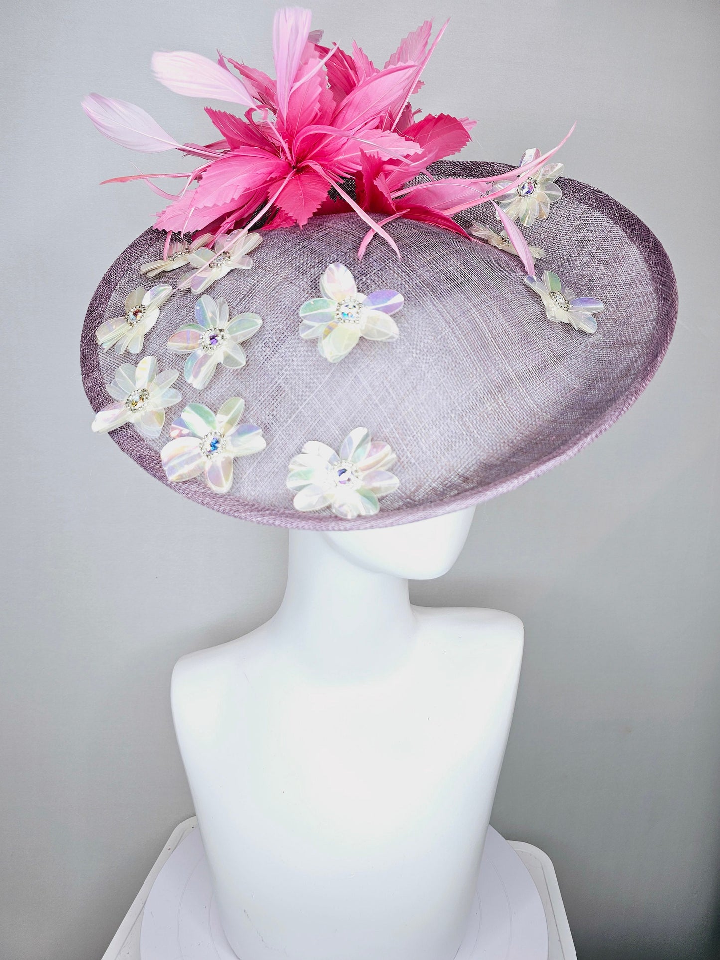 kentucky derby hat fascinator light purple lavender sinamay saucer with iridescent sequin crystal jewel beaded flowers,and pink feathers