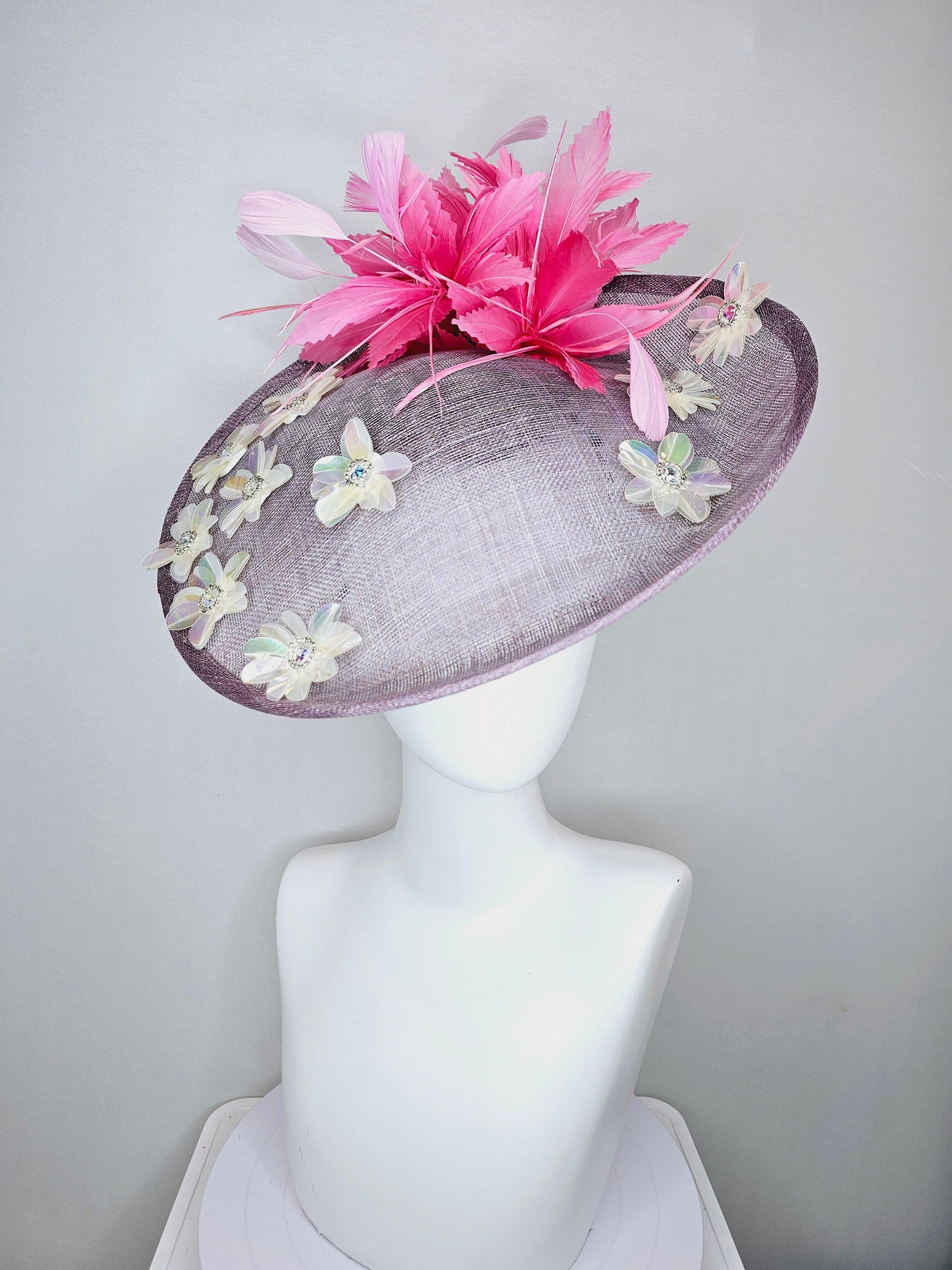 kentucky derby hat fascinator light purple lavender sinamay saucer with iridescent sequin crystal jewel beaded flowers,and pink feathers