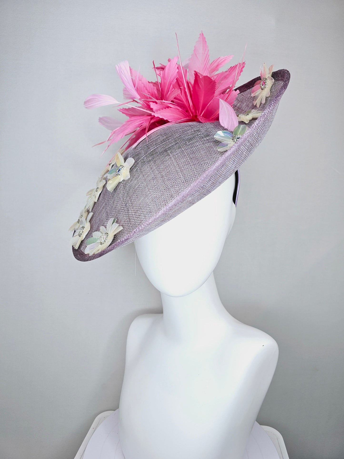 kentucky derby hat fascinator light purple lavender sinamay saucer with iridescent sequin crystal jewel beaded flowers,and pink feathers
