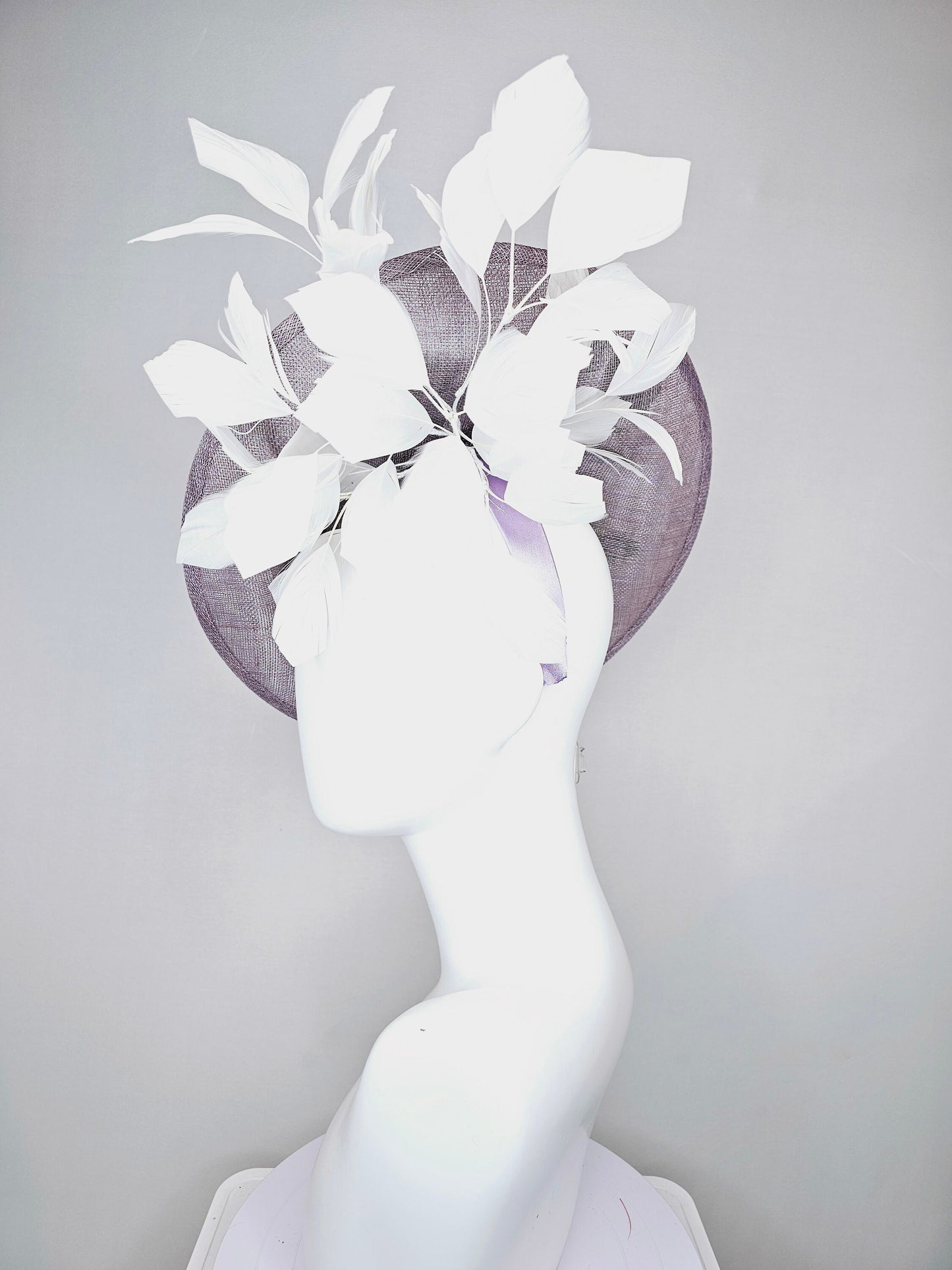 kentucky derby hat pewter gray sinamay saucer with green ivory flower floral embroidered,and white branching feathers