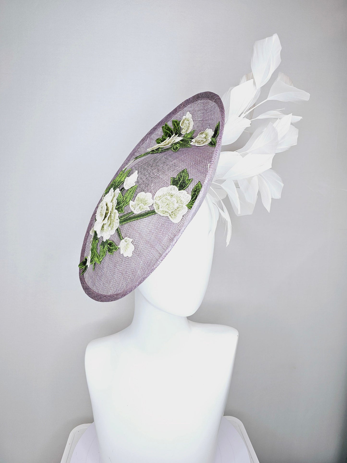 kentucky derby hat pewter gray sinamay saucer with green ivory flower floral embroidered,and white branching feathers