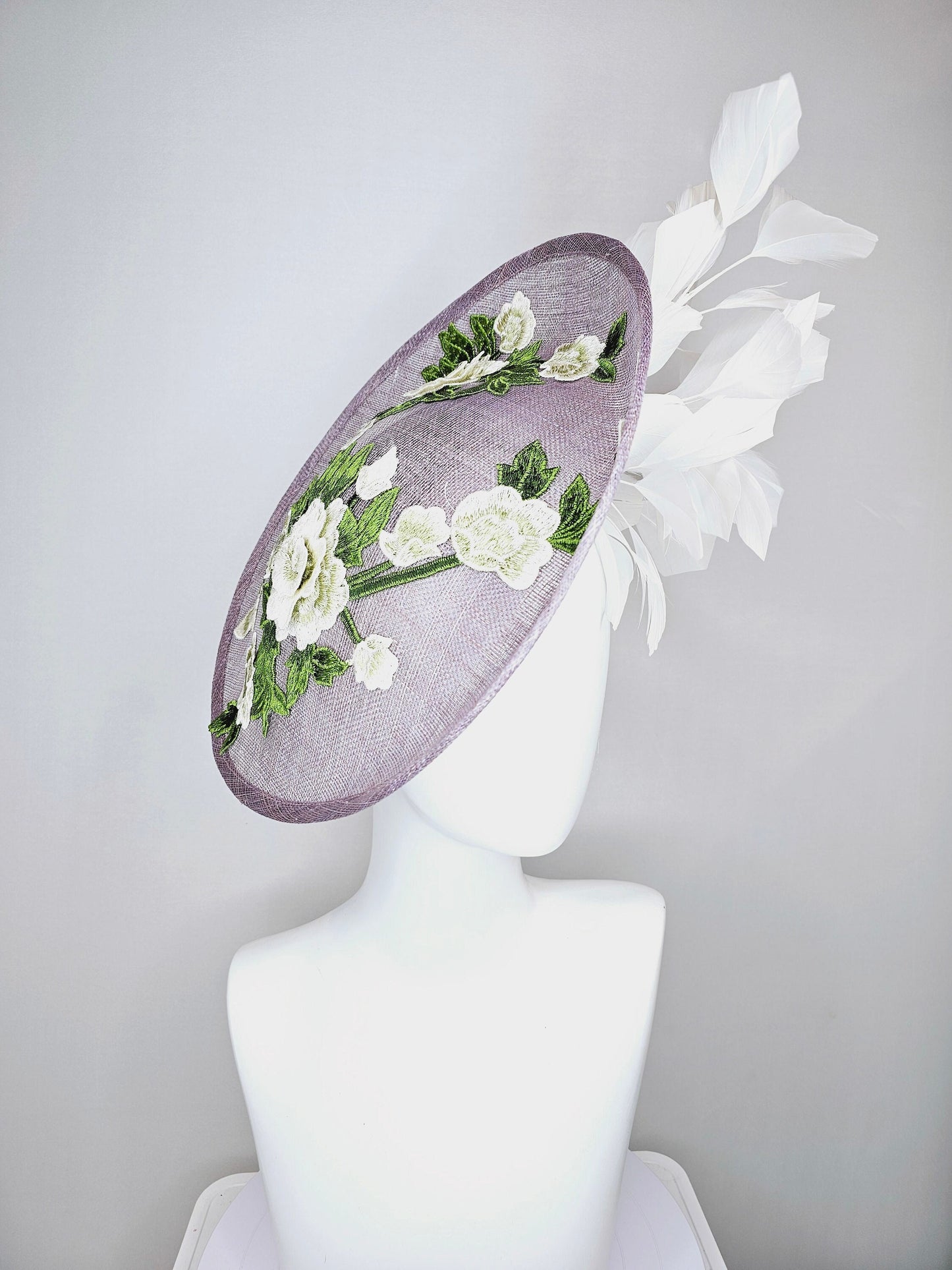 kentucky derby hat pewter gray sinamay saucer with green ivory flower floral embroidered,and white branching feathers