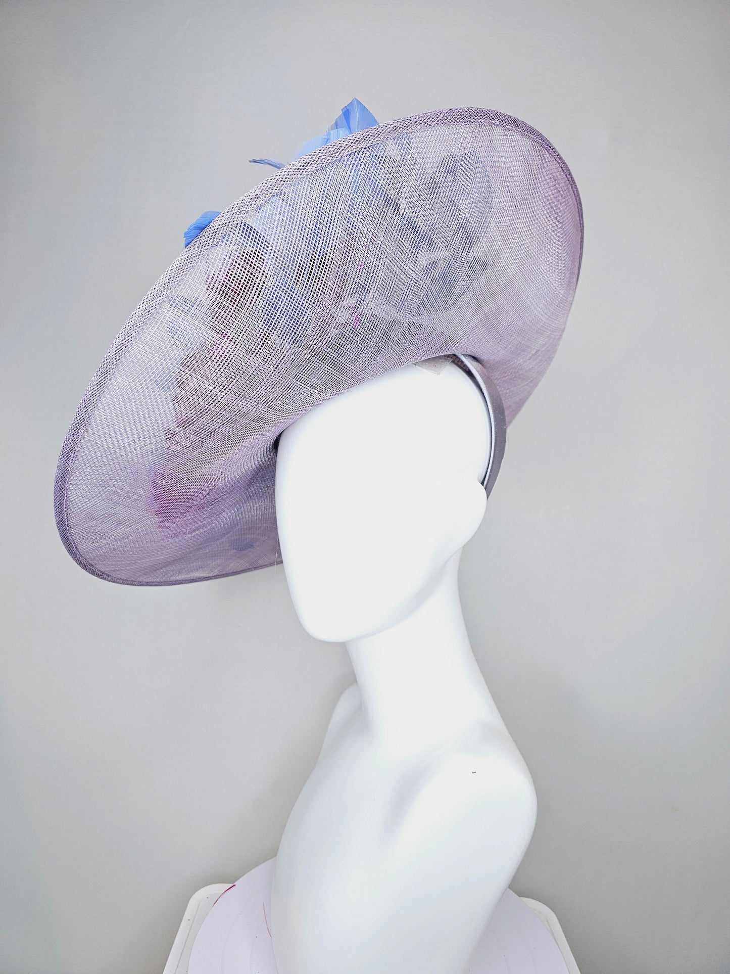 kentucky derby hat large wide brim sinamay lavender purple hat with fuchsia pink organza satin flowers and cornflower blue feathers