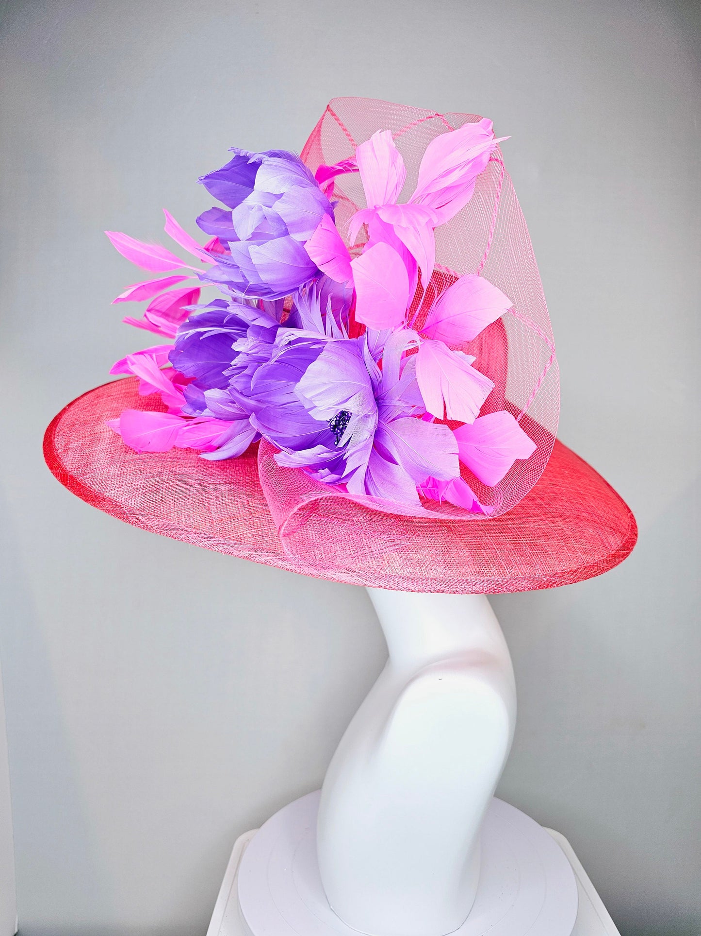 kentucky derby hat large wide brim sinamay coral pink hat with pink feathers and purple fluffy feather flowers w pink crinoline