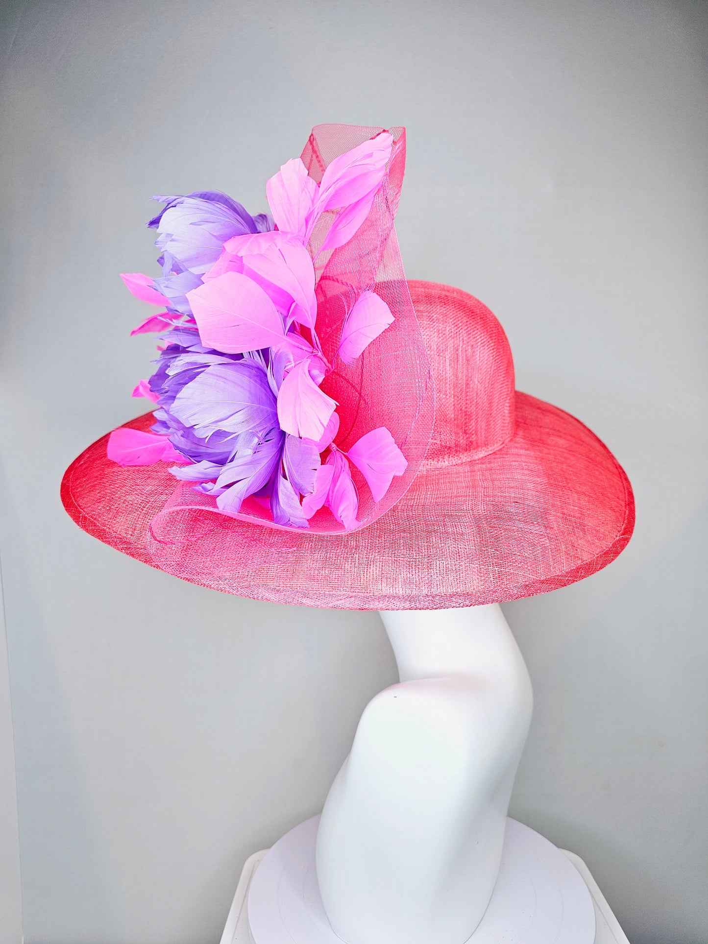 kentucky derby hat large wide brim sinamay coral pink hat with pink feathers and purple fluffy feather flowers w pink crinoline