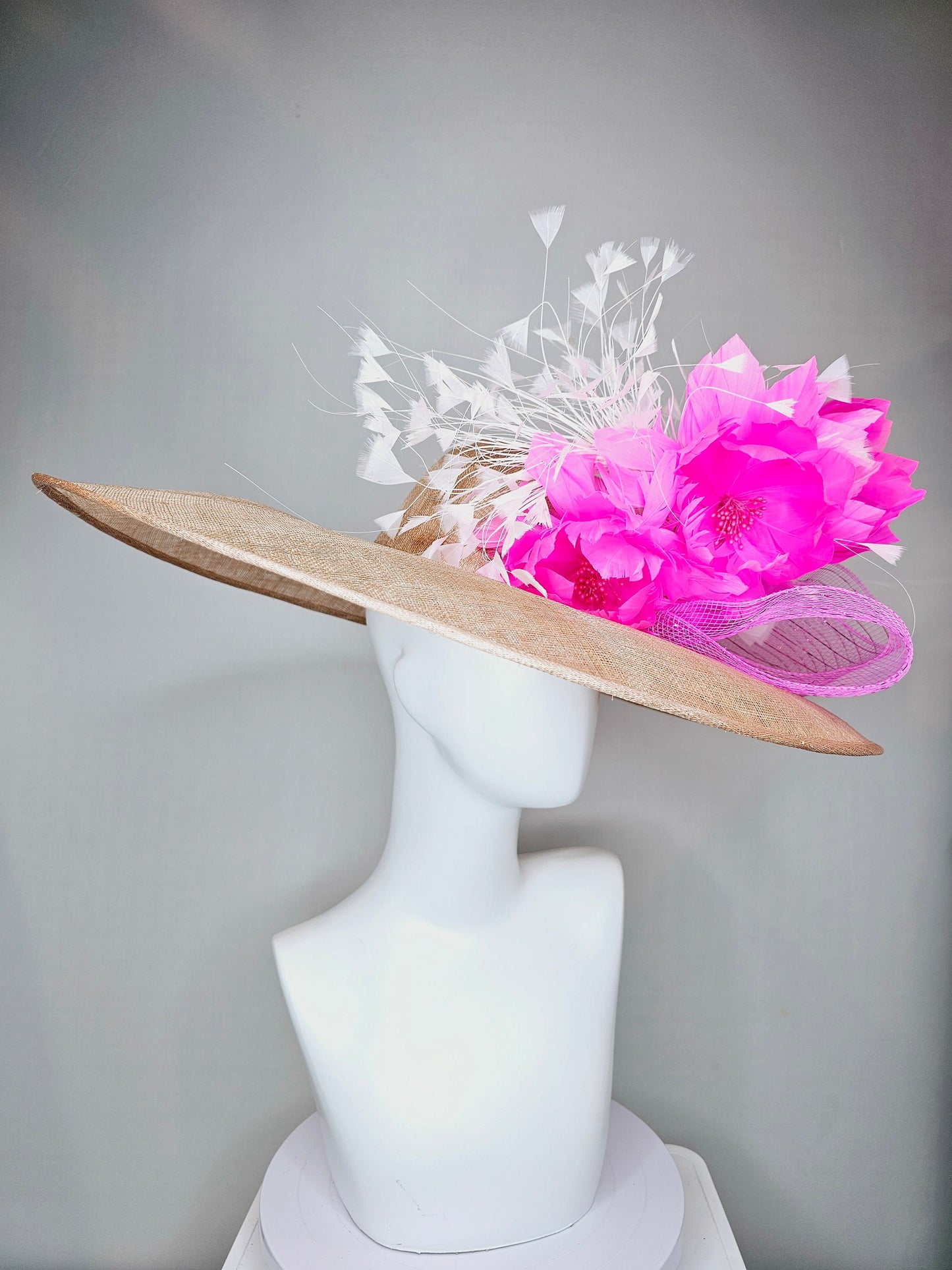 kentucky derby hat large wide brim sinamay neutral taupe beige hat with white feathers, fuchsia pink feather flowers w bright pink crinoline