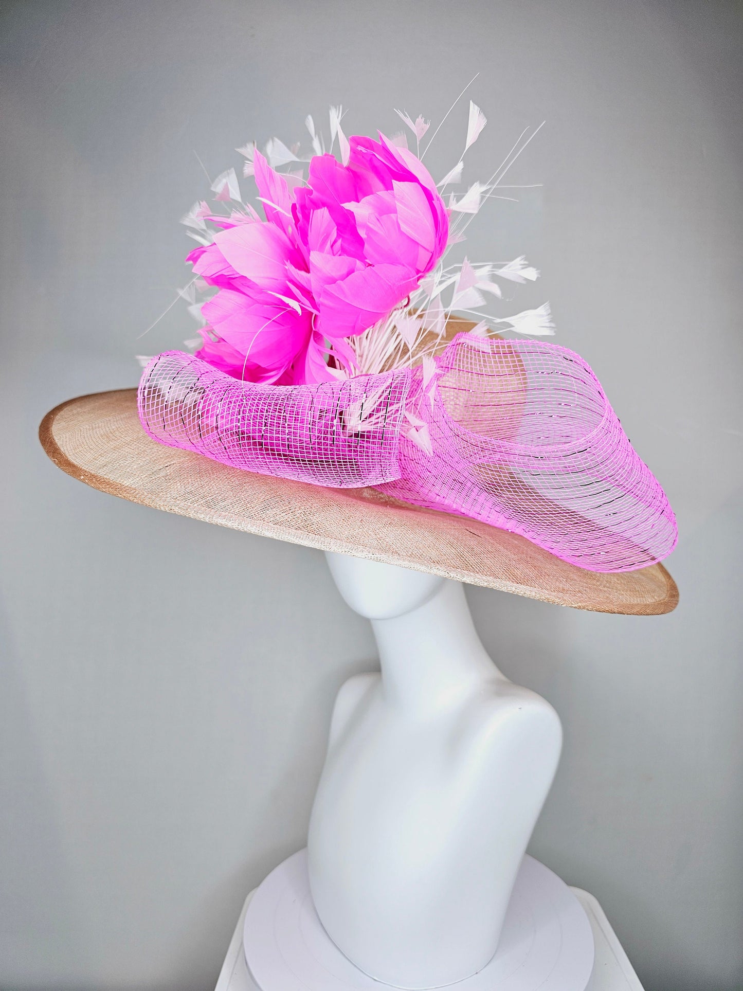 kentucky derby hat large wide brim sinamay neutral taupe beige hat with white feathers, fuchsia pink feather flowers w bright pink crinoline