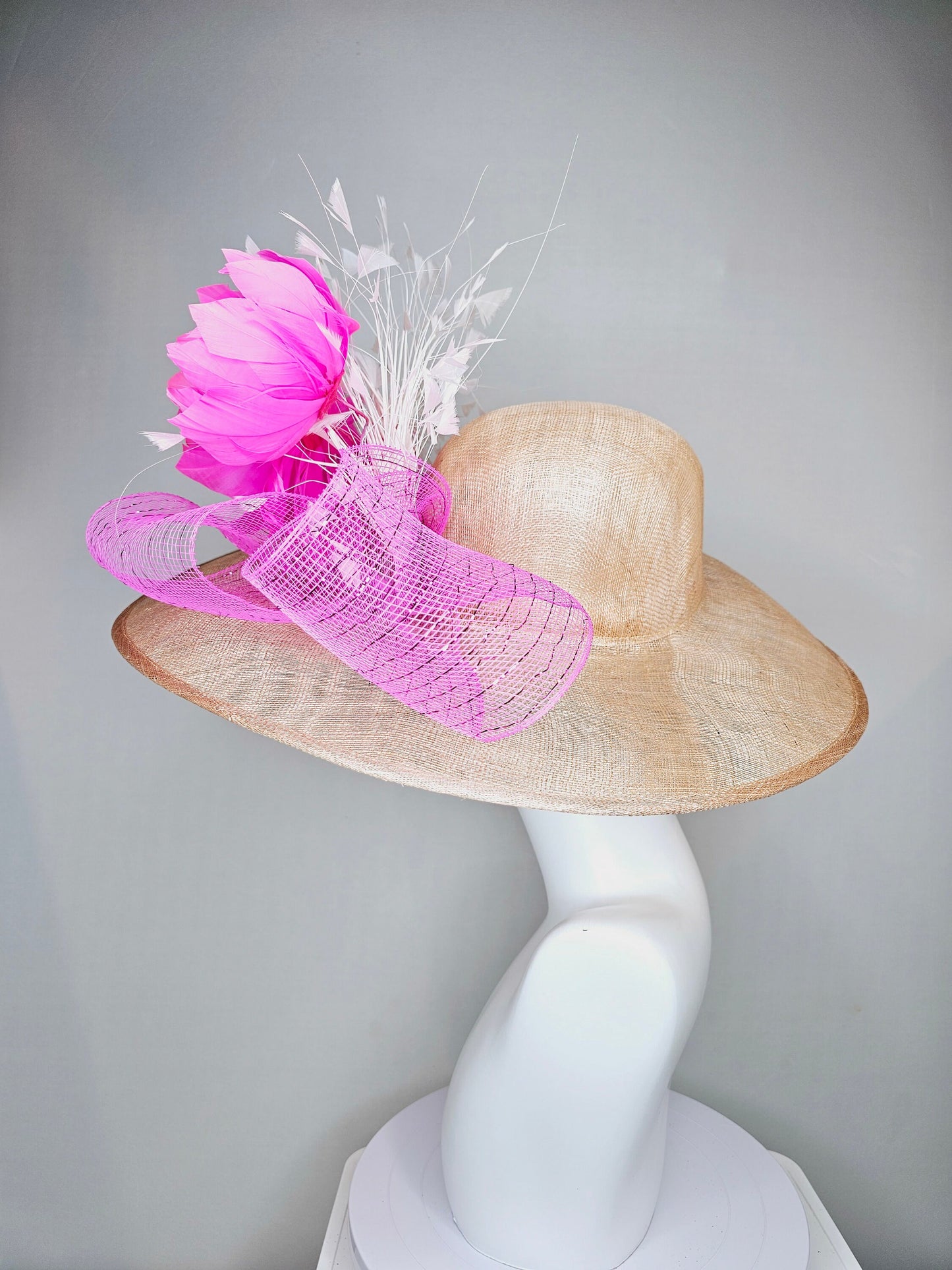 kentucky derby hat large wide brim sinamay neutral taupe beige hat with white feathers, fuchsia pink feather flowers w bright pink crinoline
