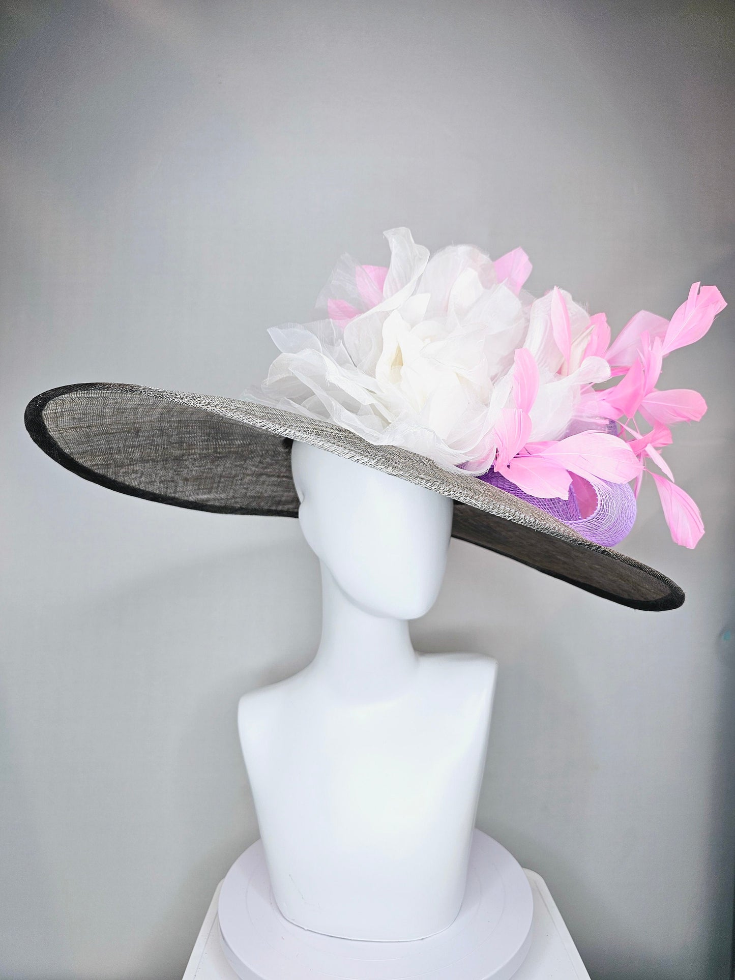 kentucky derby hat large wide brim sinamay gray hat with large white ivory organza flower and baby pink feathers with lavender crinoline