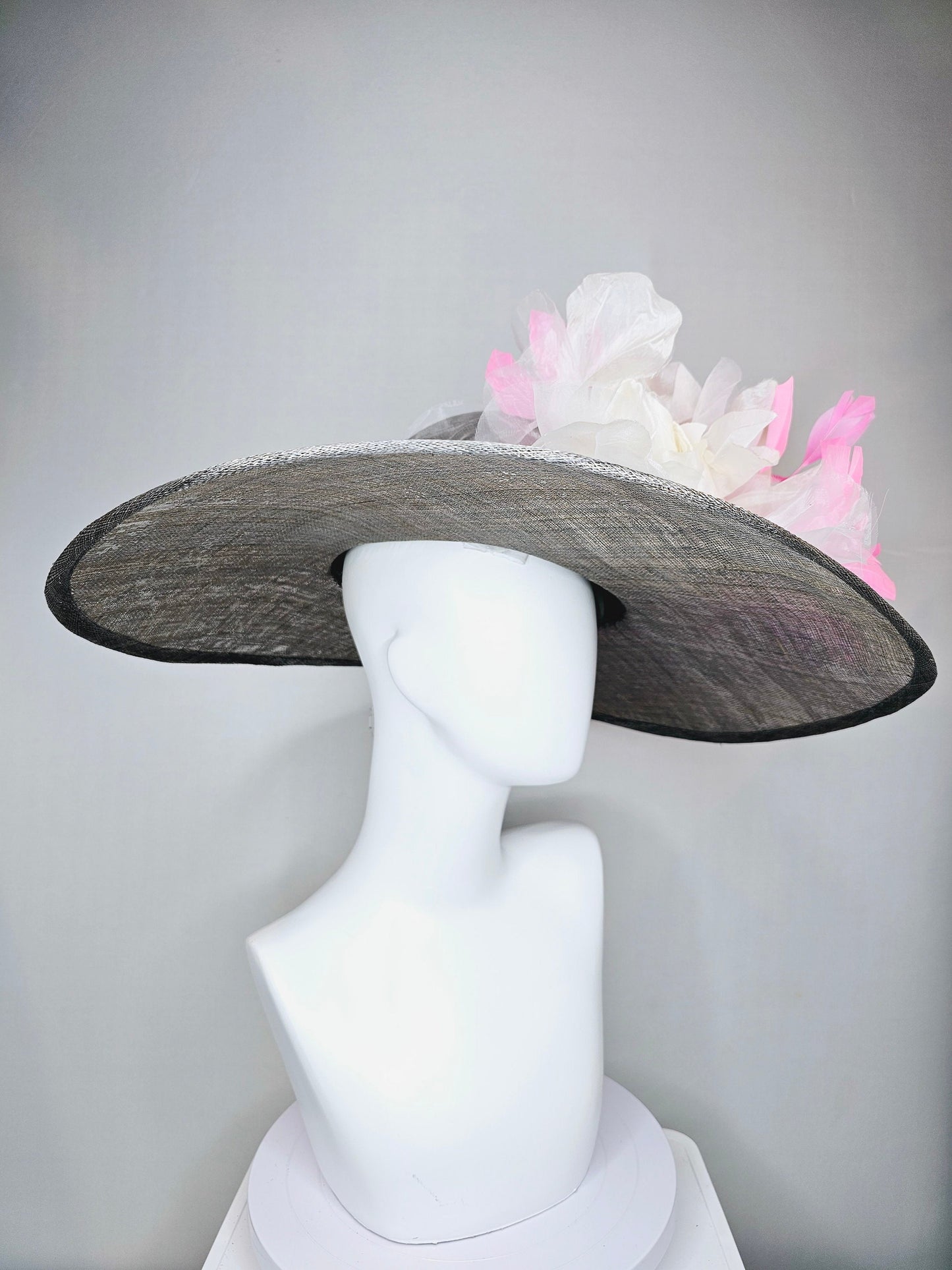 kentucky derby hat large wide brim sinamay gray hat with large white ivory organza flower and baby pink feathers with lavender crinoline