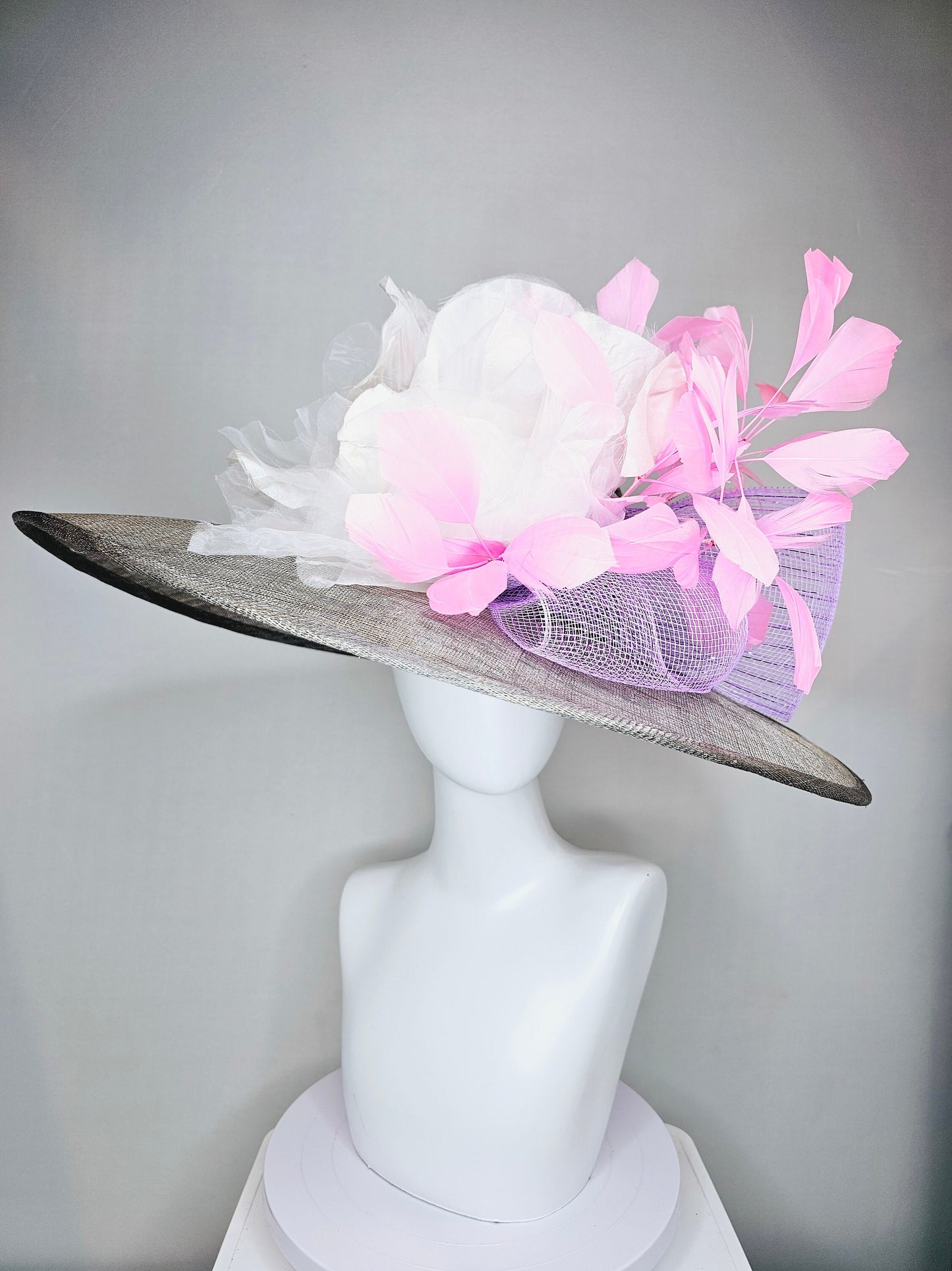 kentucky derby hat large wide brim sinamay gray hat with large white ivory organza flower and baby pink feathers with lavender crinoline