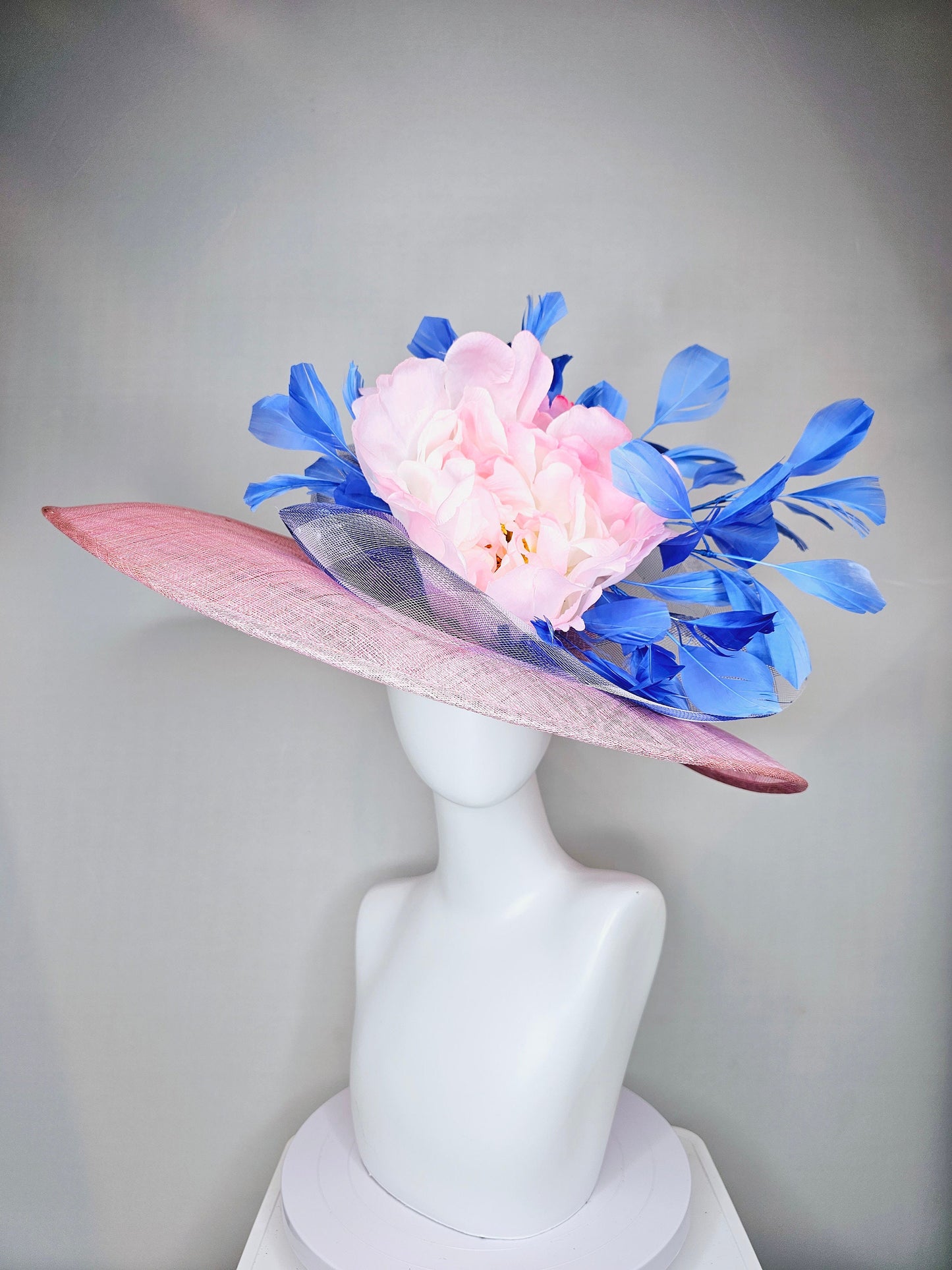 kentucky derby hat large wide brim sinamay blush pink hat with large blush light pink satin flower, blue feathers and blue gingham crinoline