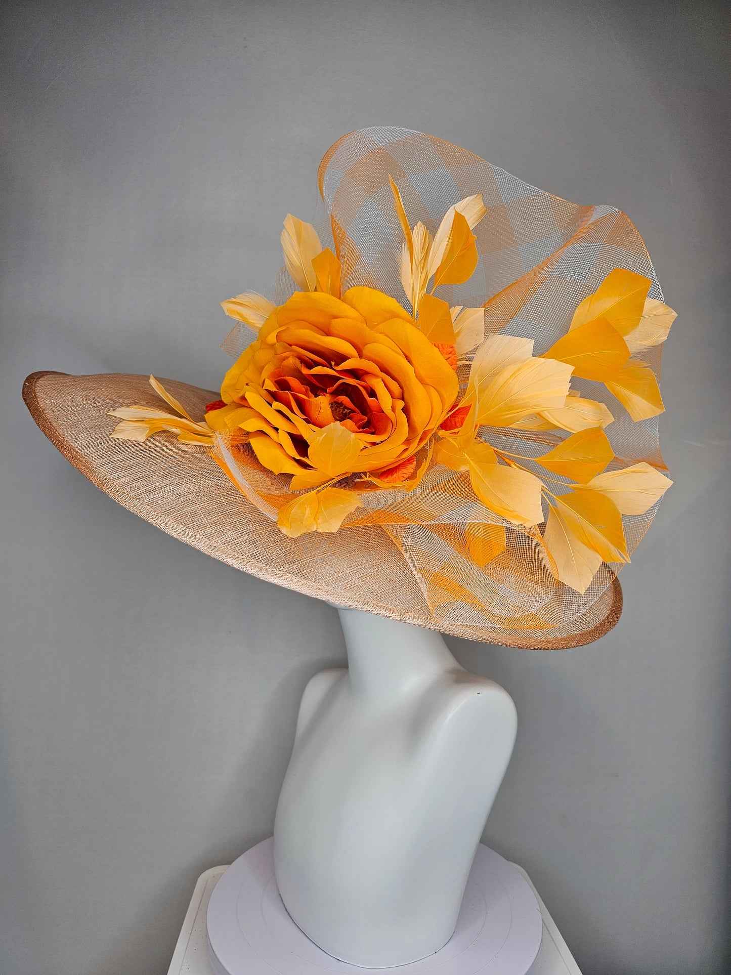 kentucky derby hat large wide brim sinamay taupe neutral hat with burnt orange satin flower,orange feathers and orange gingham crinoline