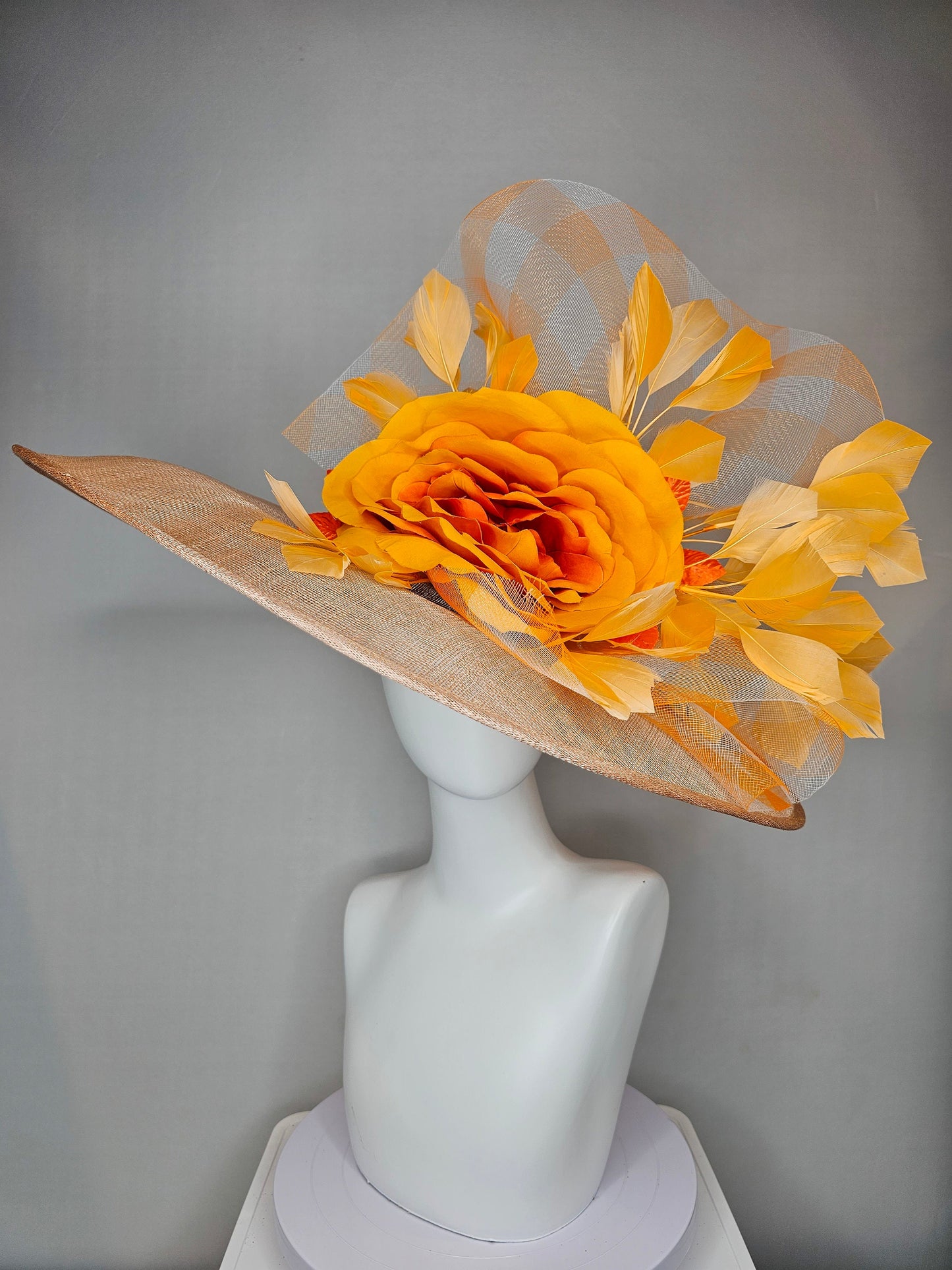 kentucky derby hat large wide brim sinamay taupe neutral hat with burnt orange satin flower,orange feathers and orange gingham crinoline
