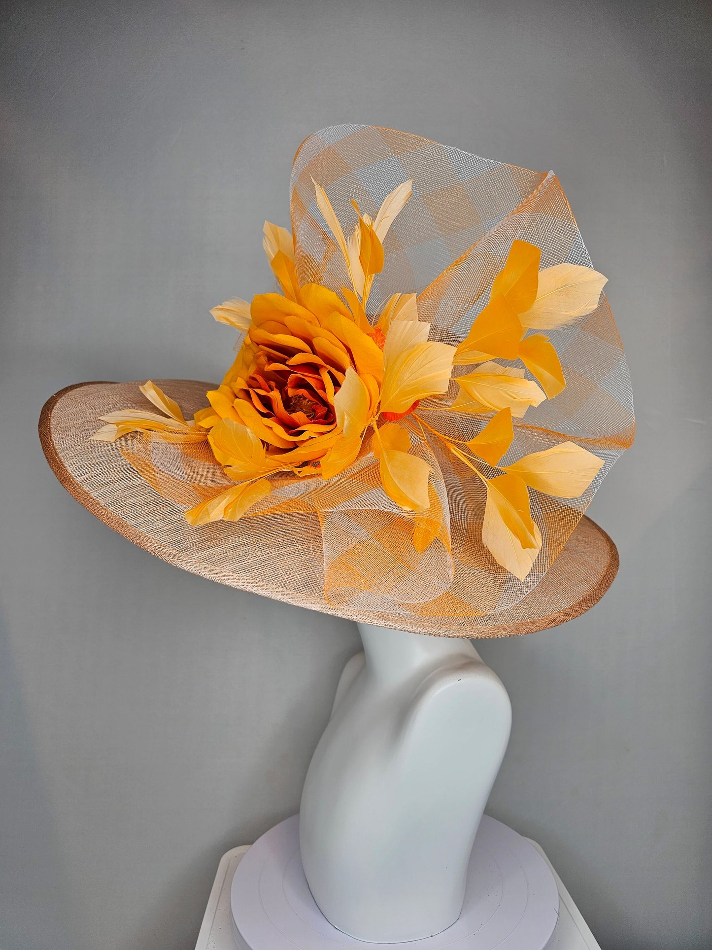 kentucky derby hat large wide brim sinamay taupe neutral hat with burnt orange satin flower,orange feathers and orange gingham crinoline