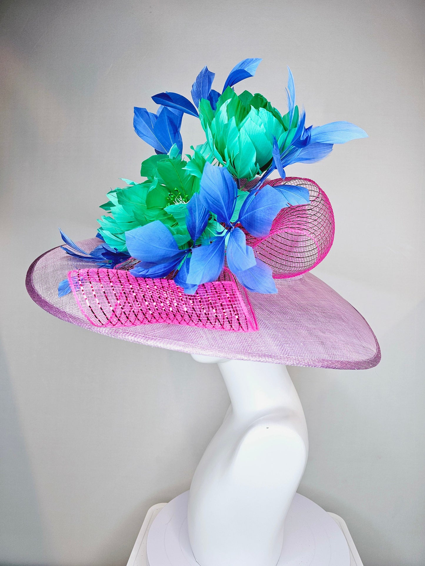 kentucky derby hat large wide brim sinamay purple lavender hat w emerald green feather flowers, blue feathers and bright pink crinoline