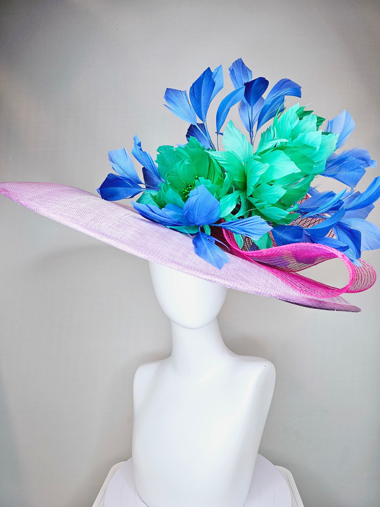 kentucky derby hat large wide brim sinamay purple lavender hat w emerald green feather flowers, blue feathers and bright pink crinoline