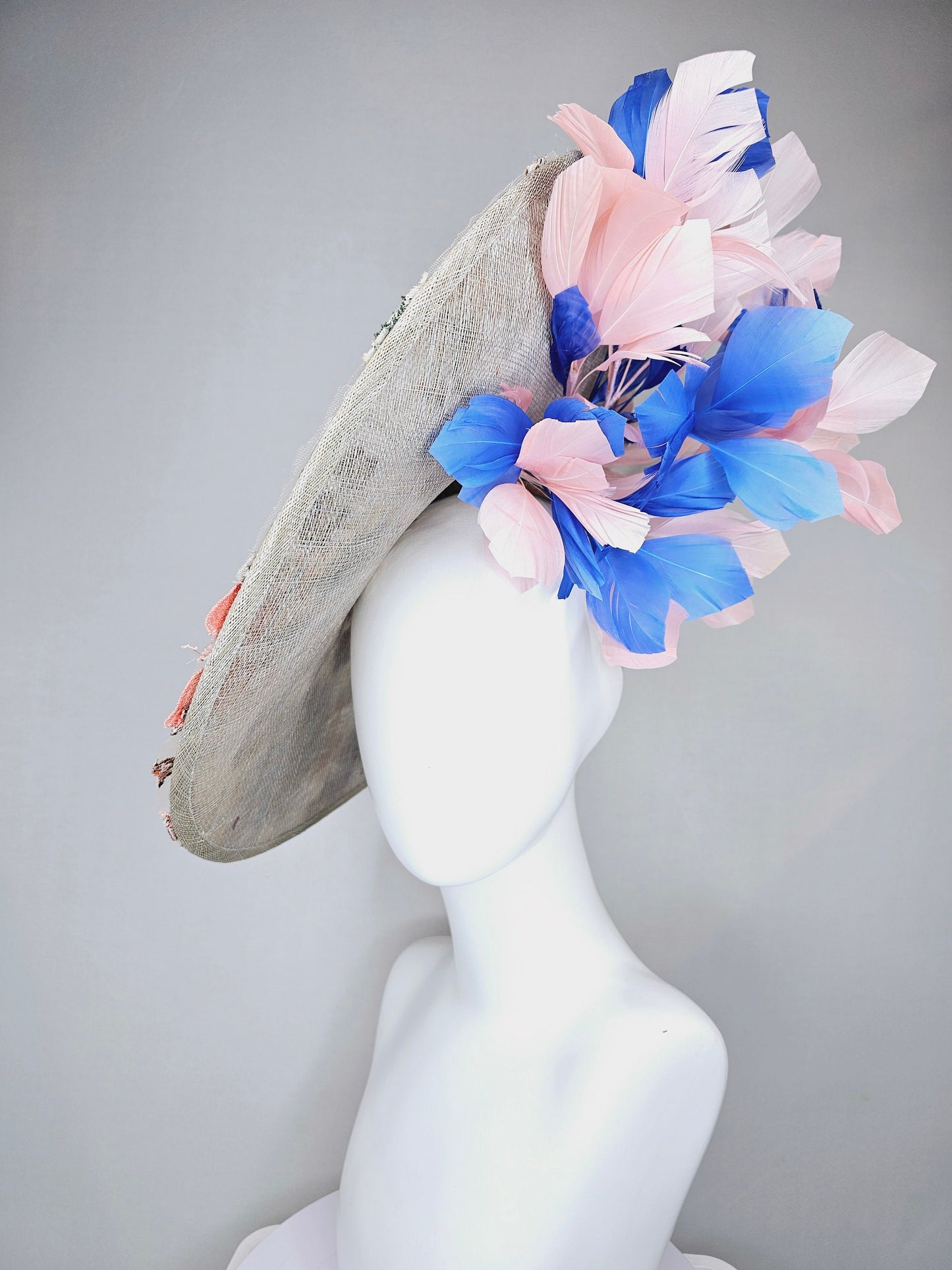 kentucky derby hat fascinator taupe beige neutral large saucer sinamay rainbow floral embroidered decor with pink blue branching feathers