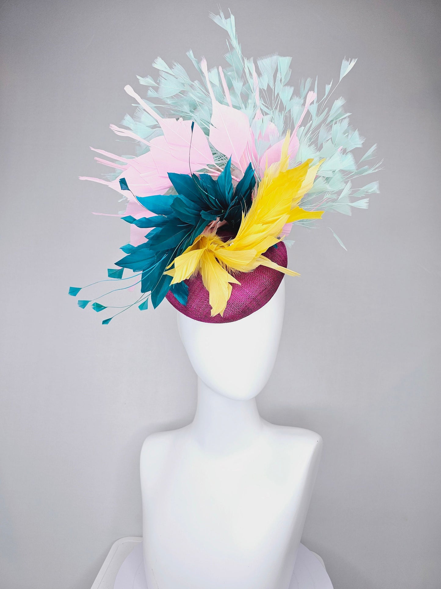 kentucky derby hat fascinator purple violet sinamay with colorful bright yellow, teal blue, baby pink, and baby blue branching feathers