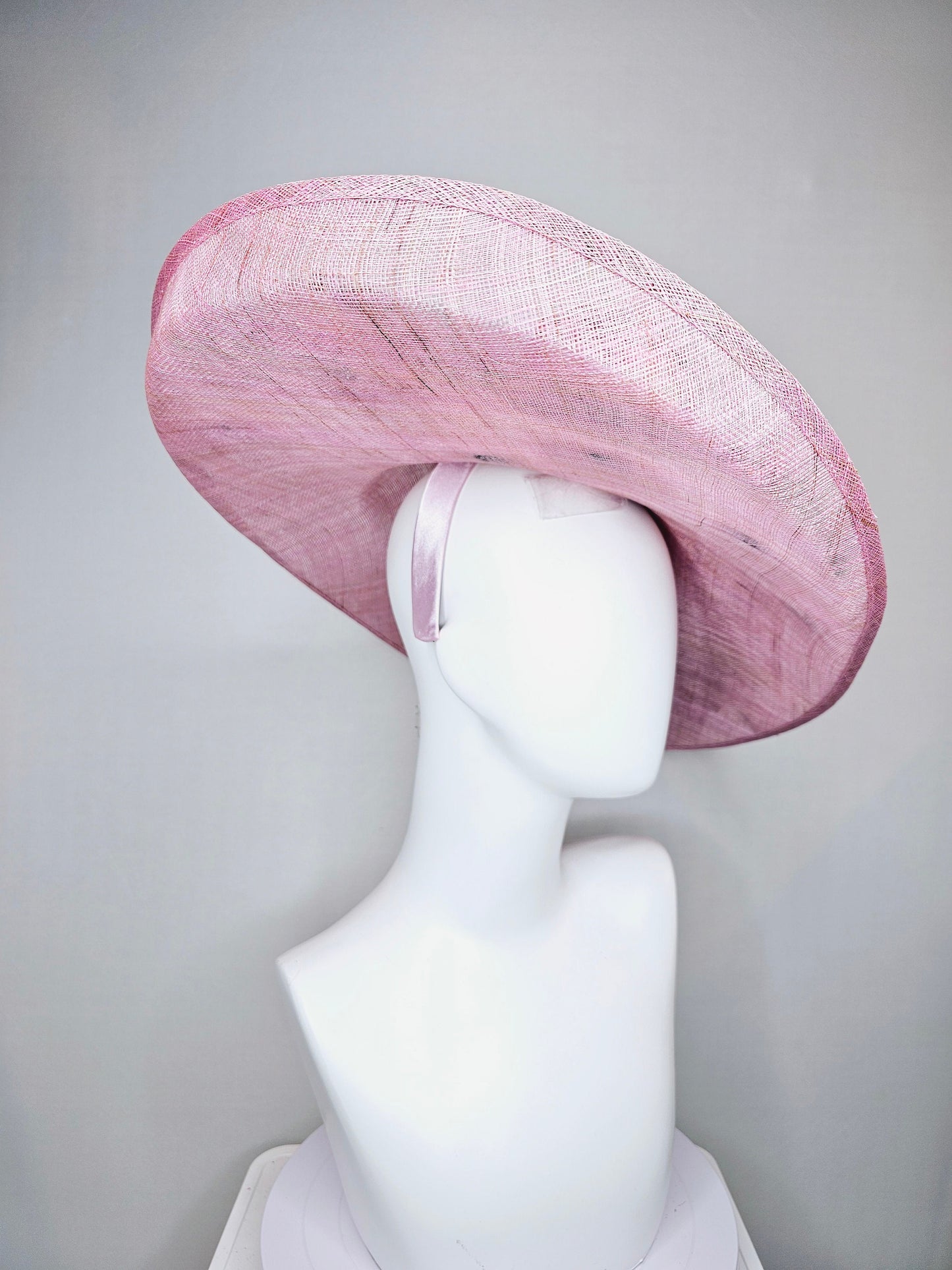 kentucky derby hat large wide brim sinamay pink hat, w blush pink silk flower,dusty pink feathers,pink gray embroidered organza flowers