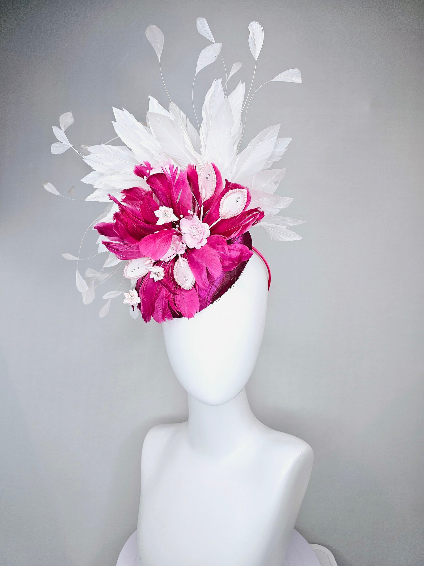 kentucky derby hat fascinator magenta fuchsia pink purple satin with light pink pearl beaded leaves and organza flowers,pink white feathers