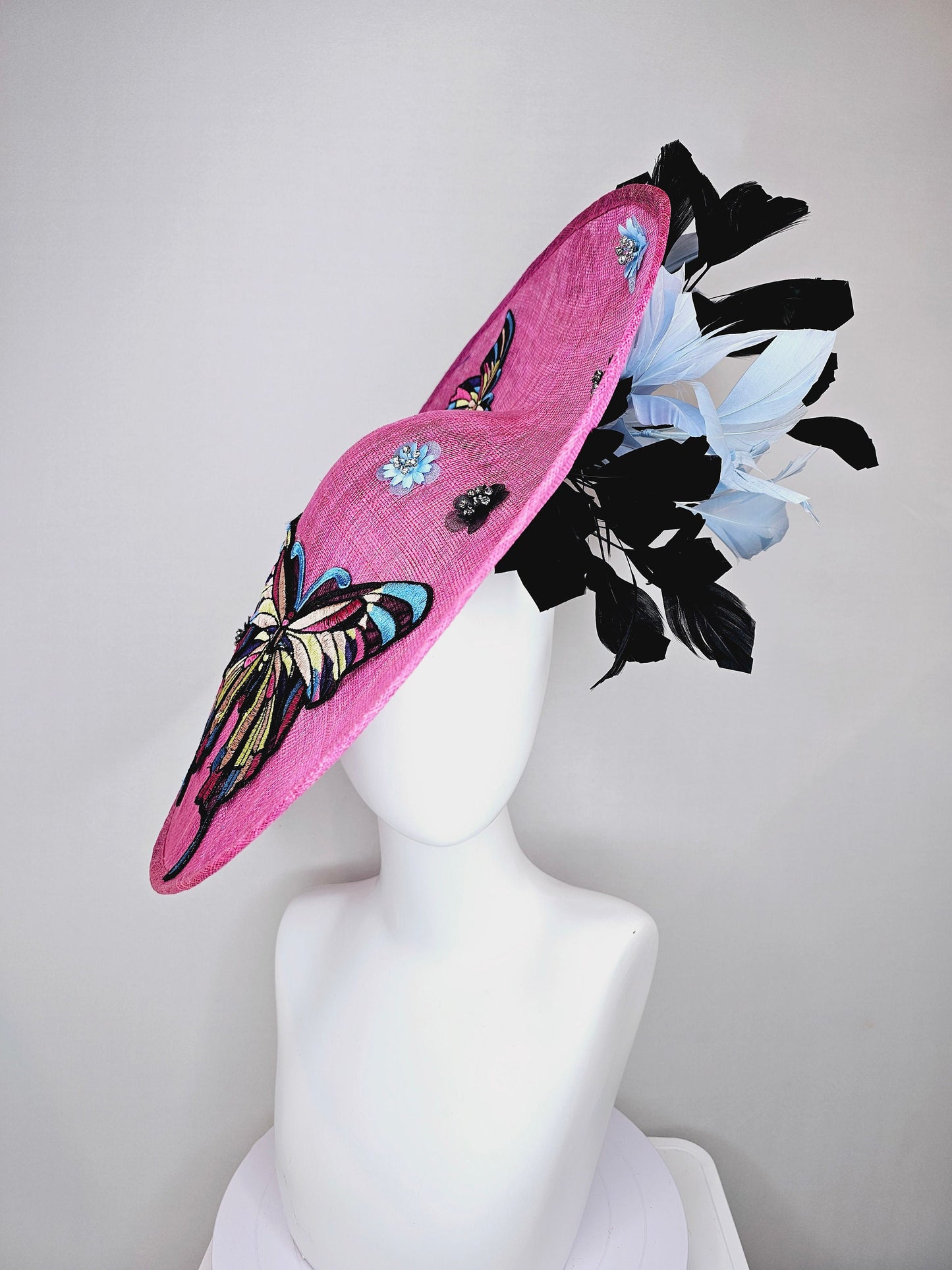 kentucky derby hat fascinator large pink sinamay saucer rainbow embroidered butterflies,blue black sequin beaded flowers,black blue feather
